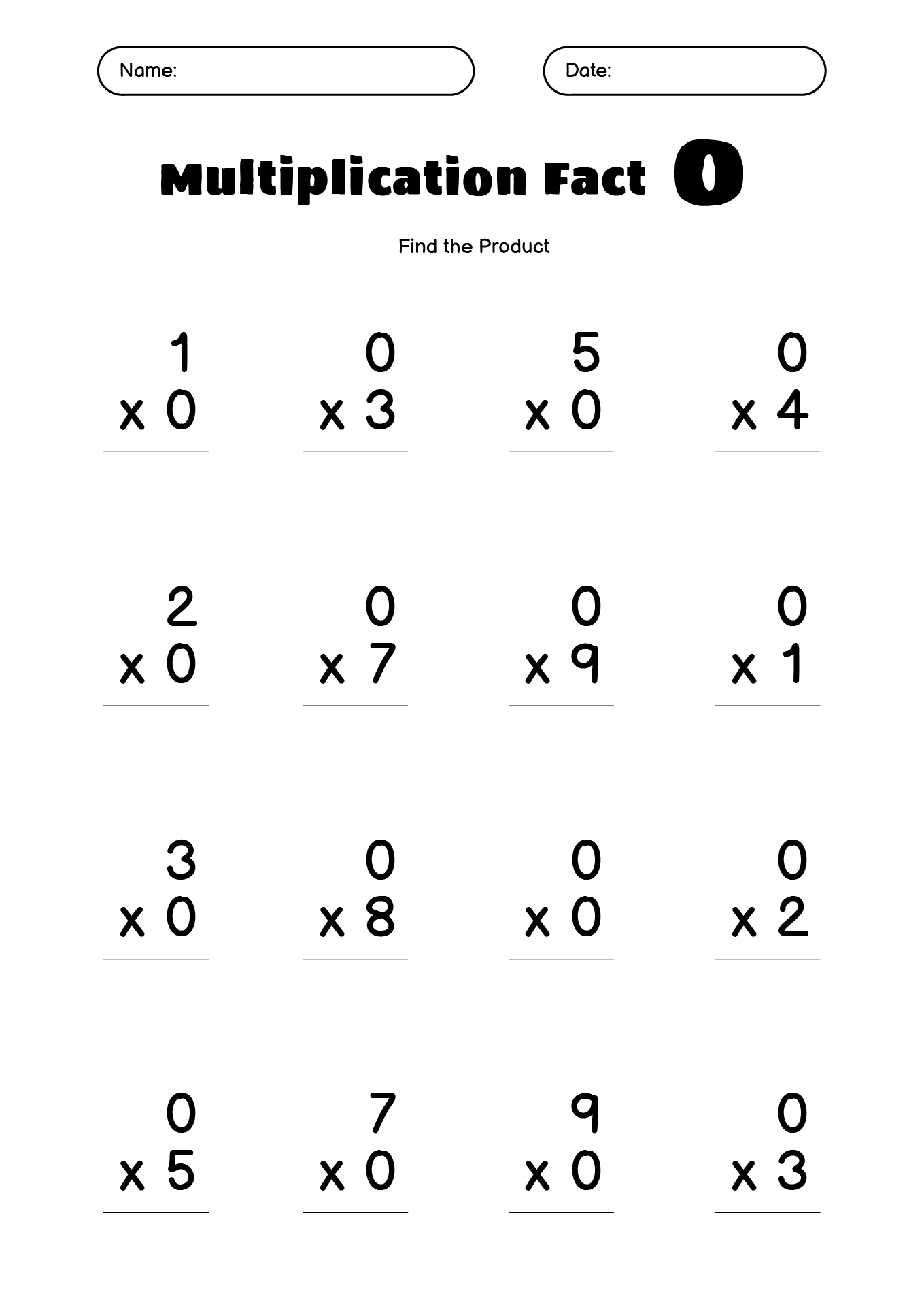 Early Learners Multiplication Facts 0 Worksheet