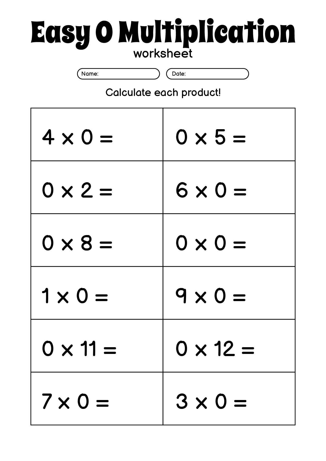 Easy 0 Multiplication Practice Sheets