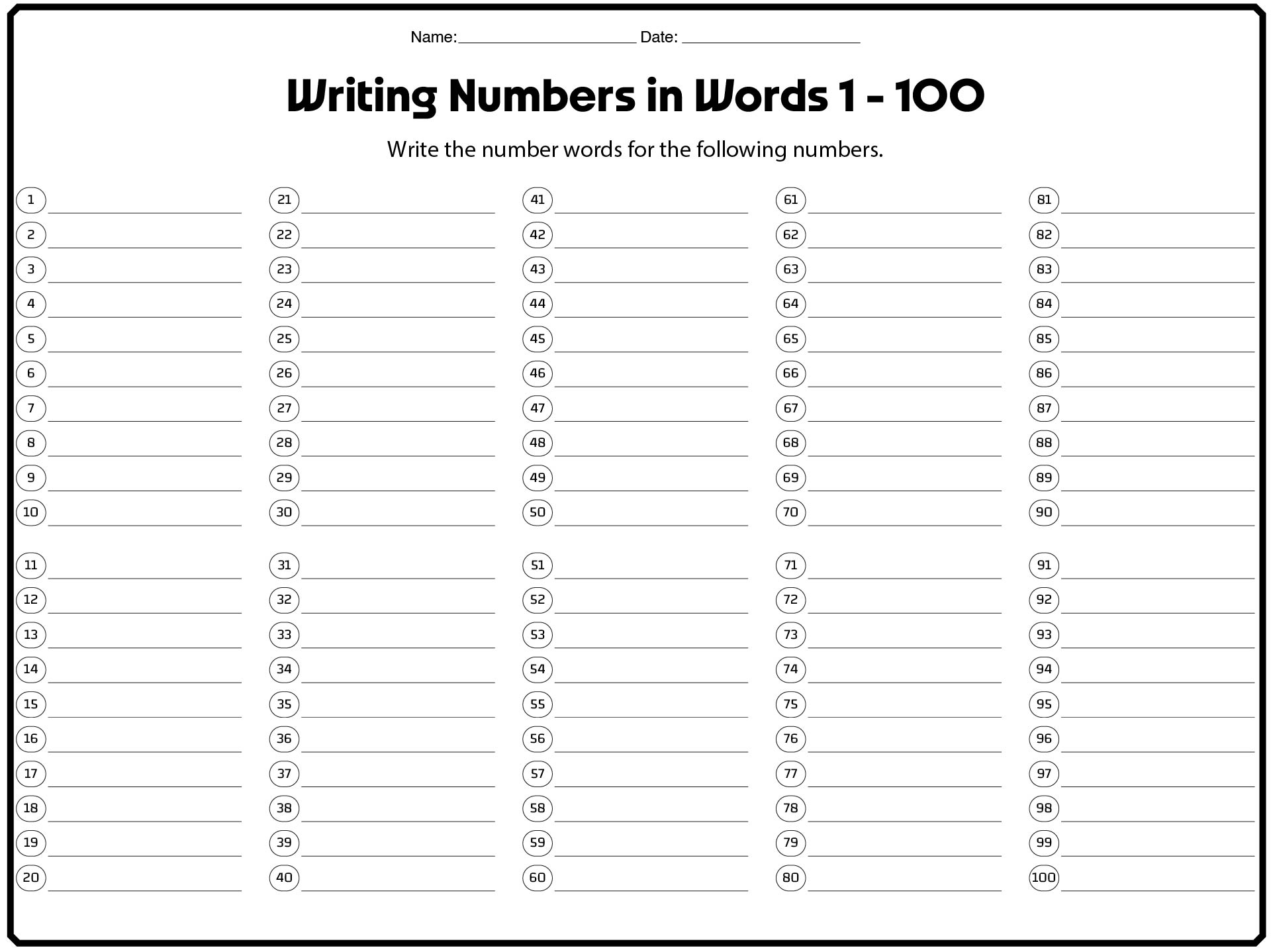 Elementary Number Word Spelling 1-100 Worksheet Collection