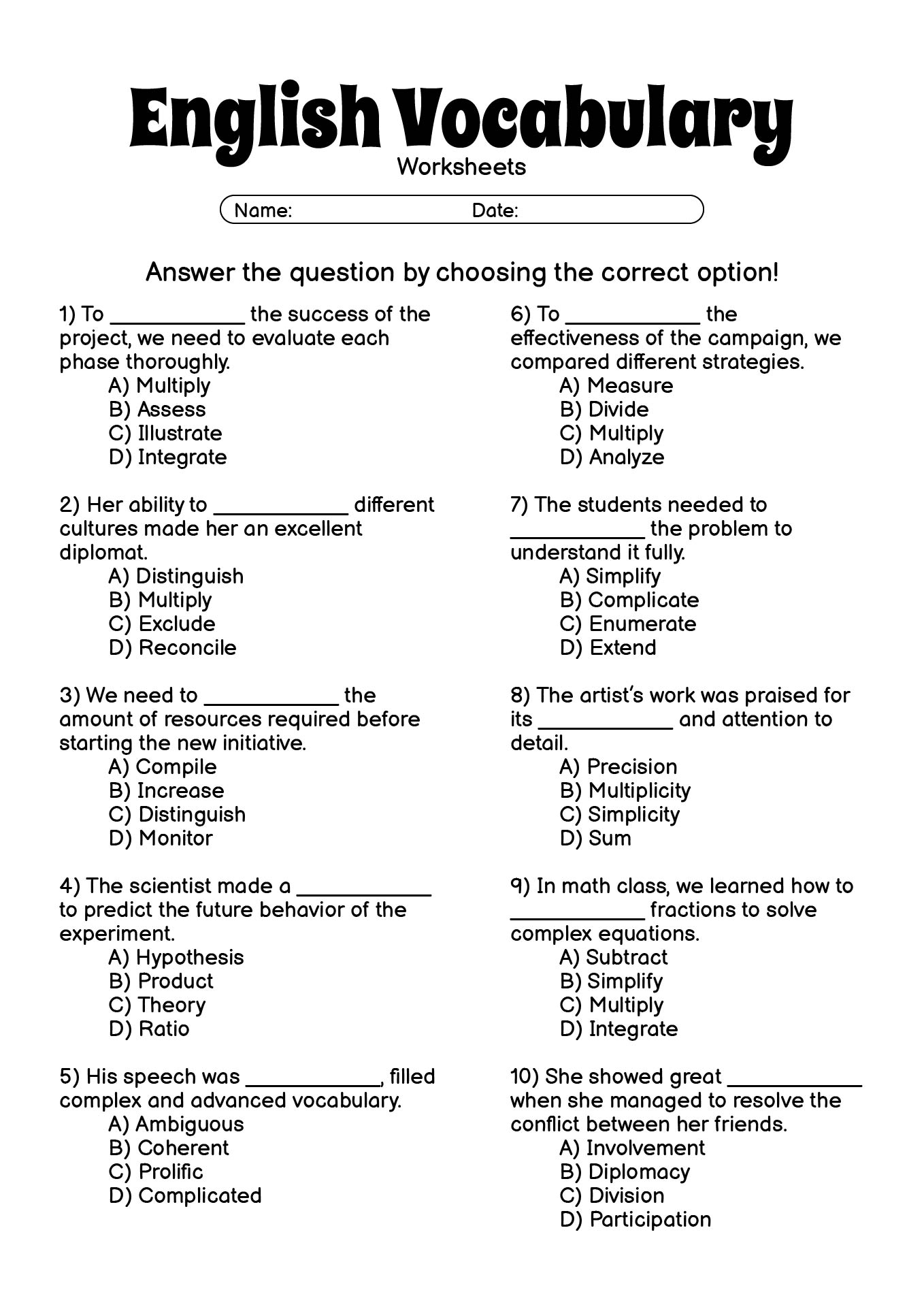 English Vocabulary Exercises for 9th Graders