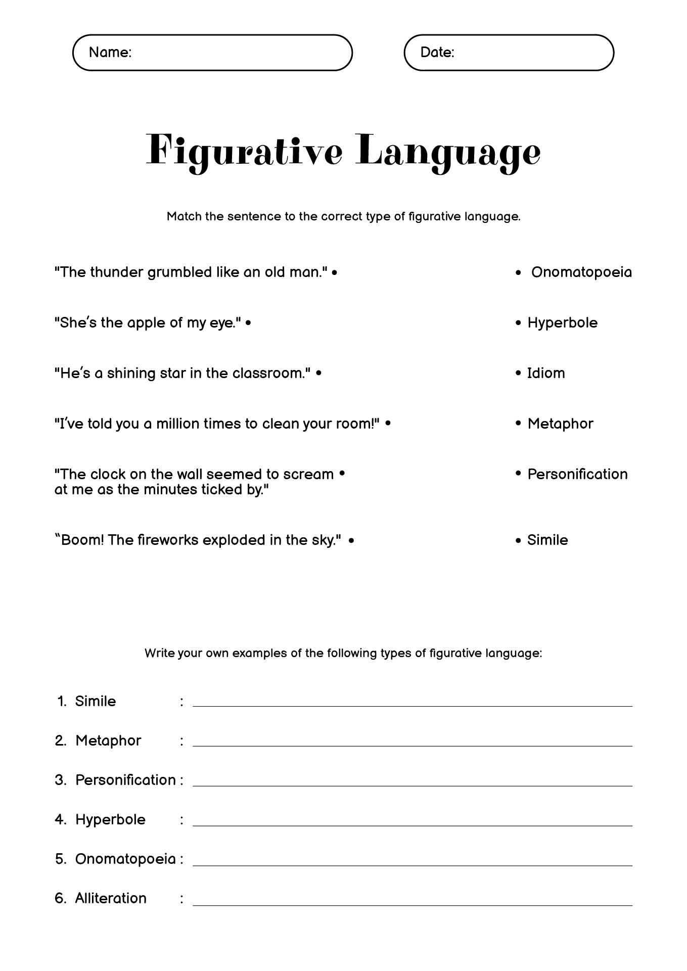 Figurative Language Exercises for Middle School