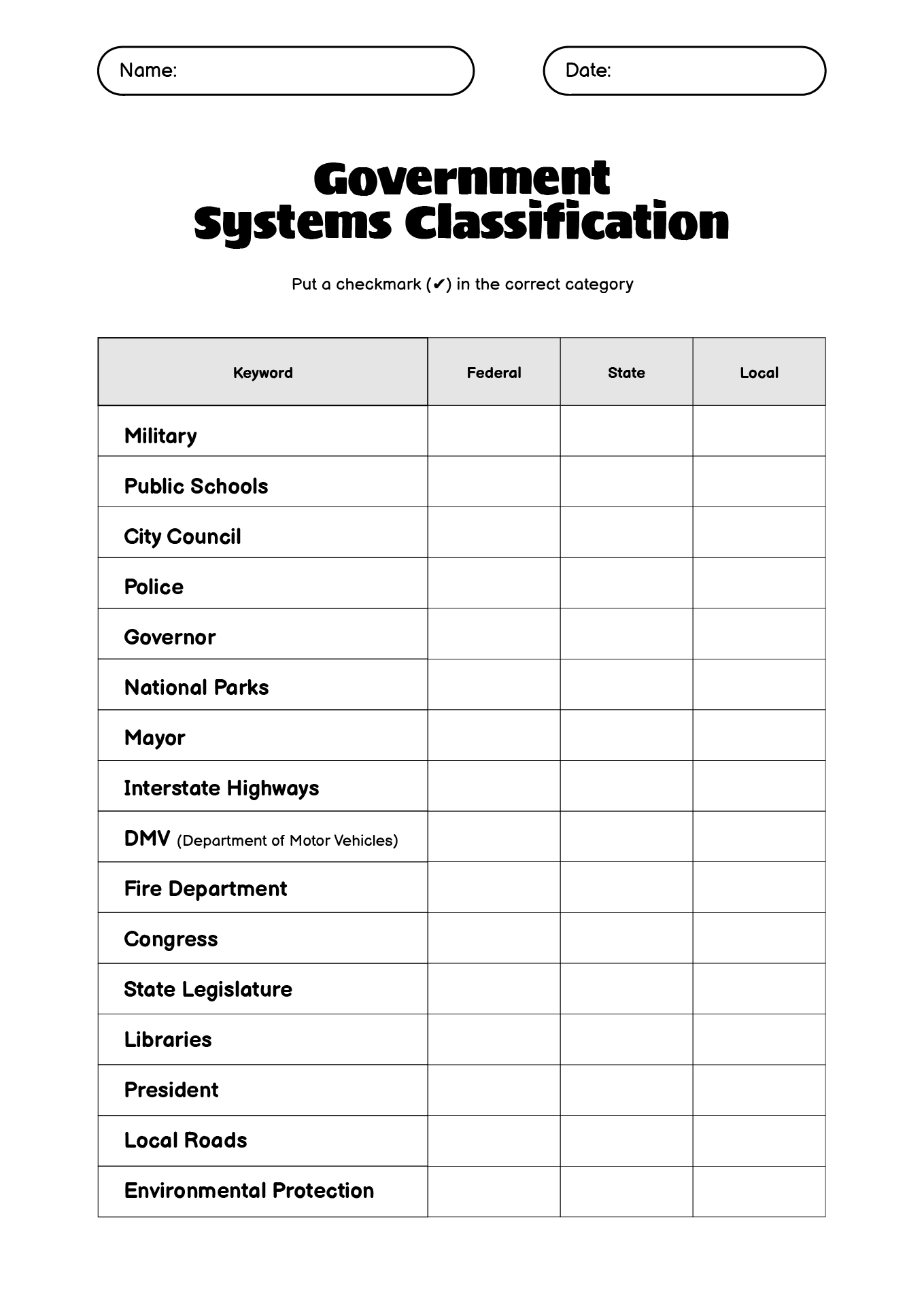 Government Systems Classification Worksheet