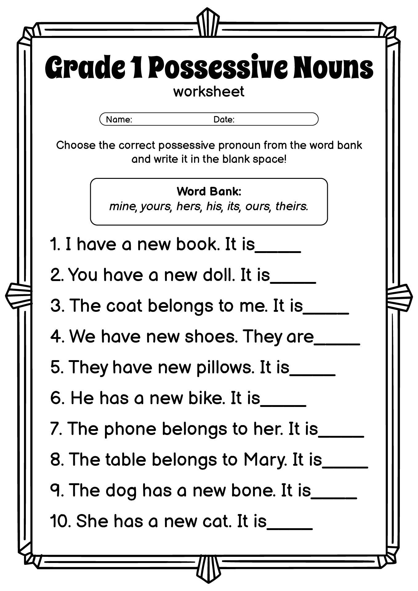 Grade 1 Possessive Nouns Activity Sheets