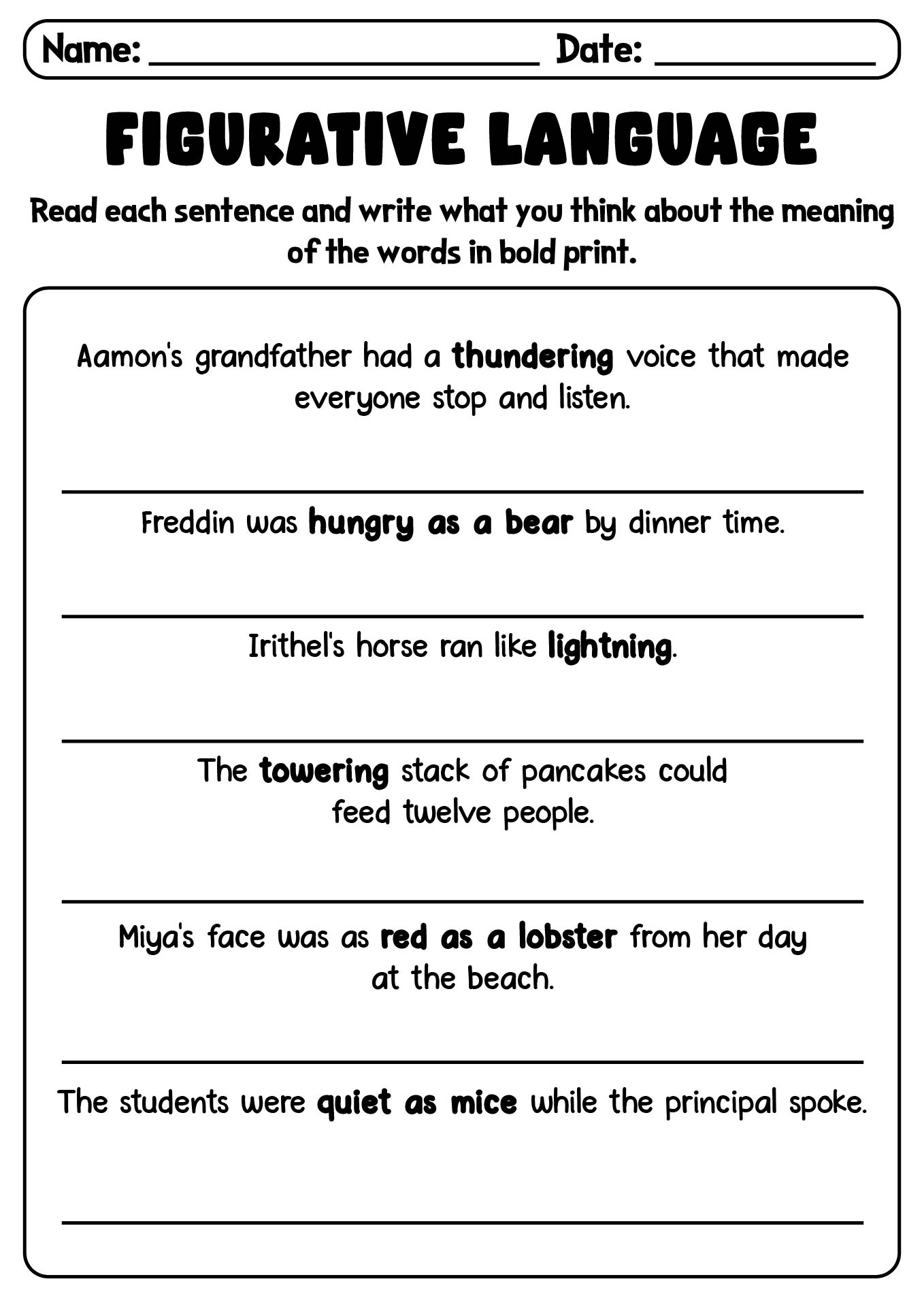 Grade 7 Printable Figurative Language Tests