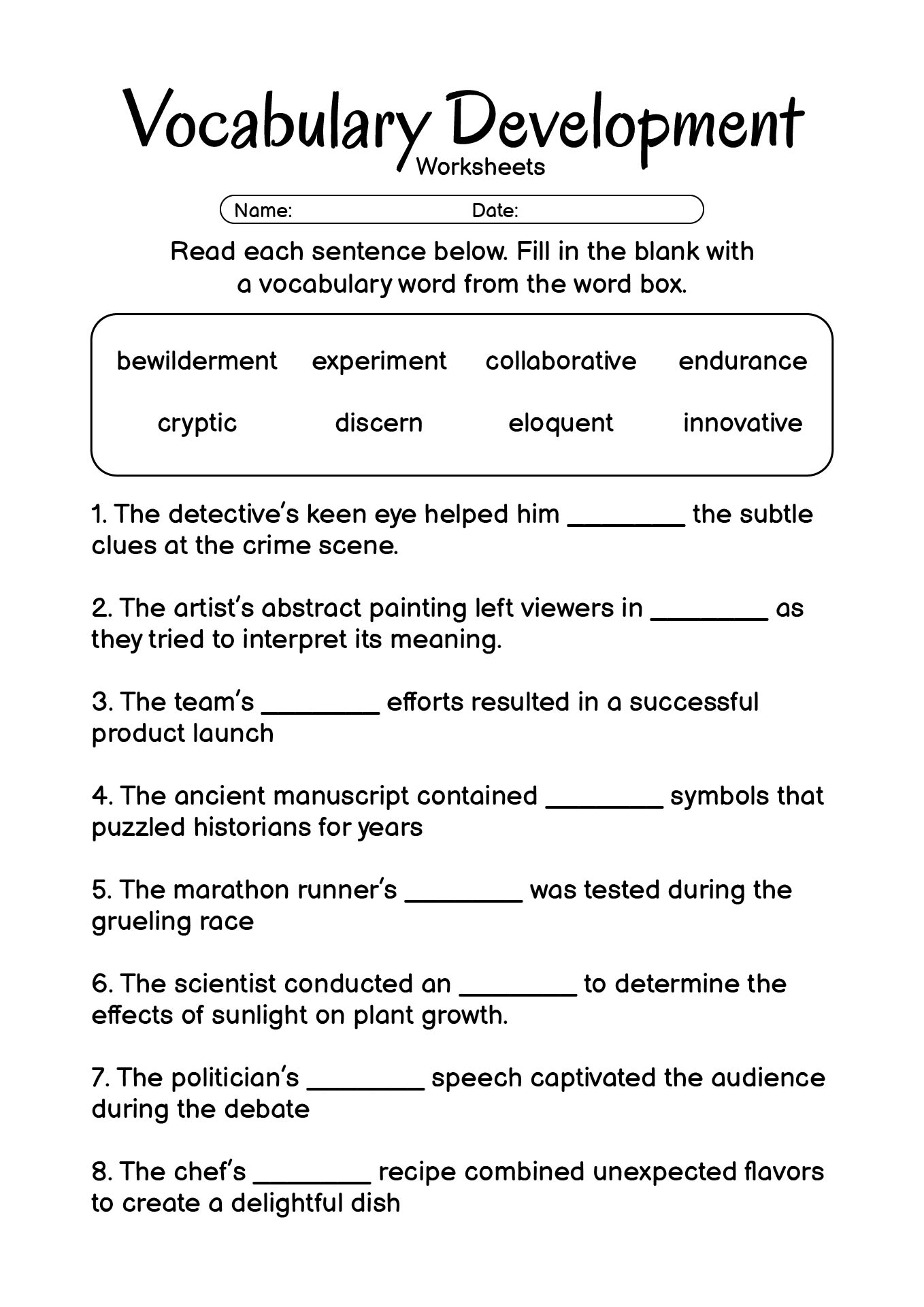 Grade 9 Vocabulary Development Worksheets