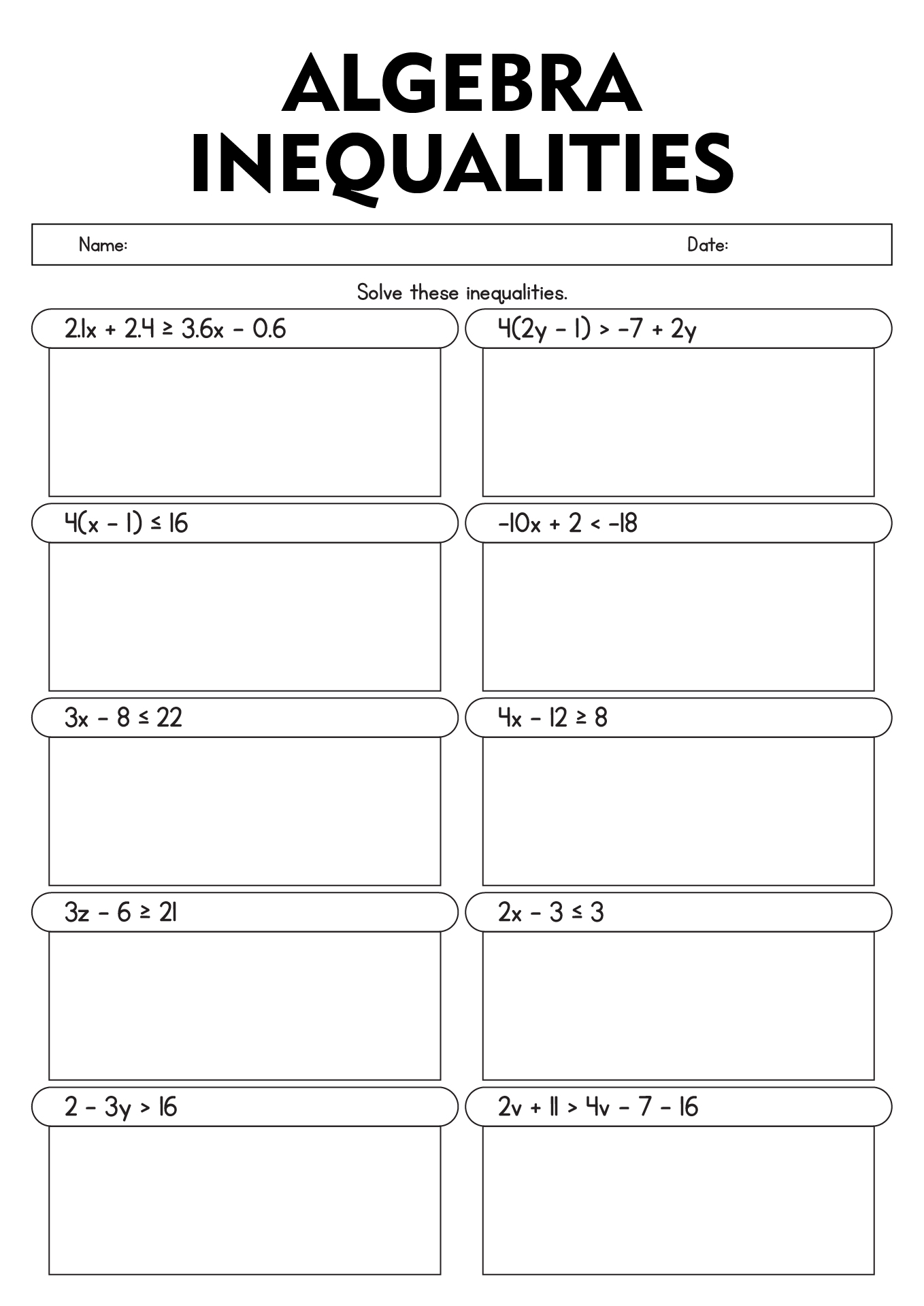 High School Algebra Inequality Practice Sheets