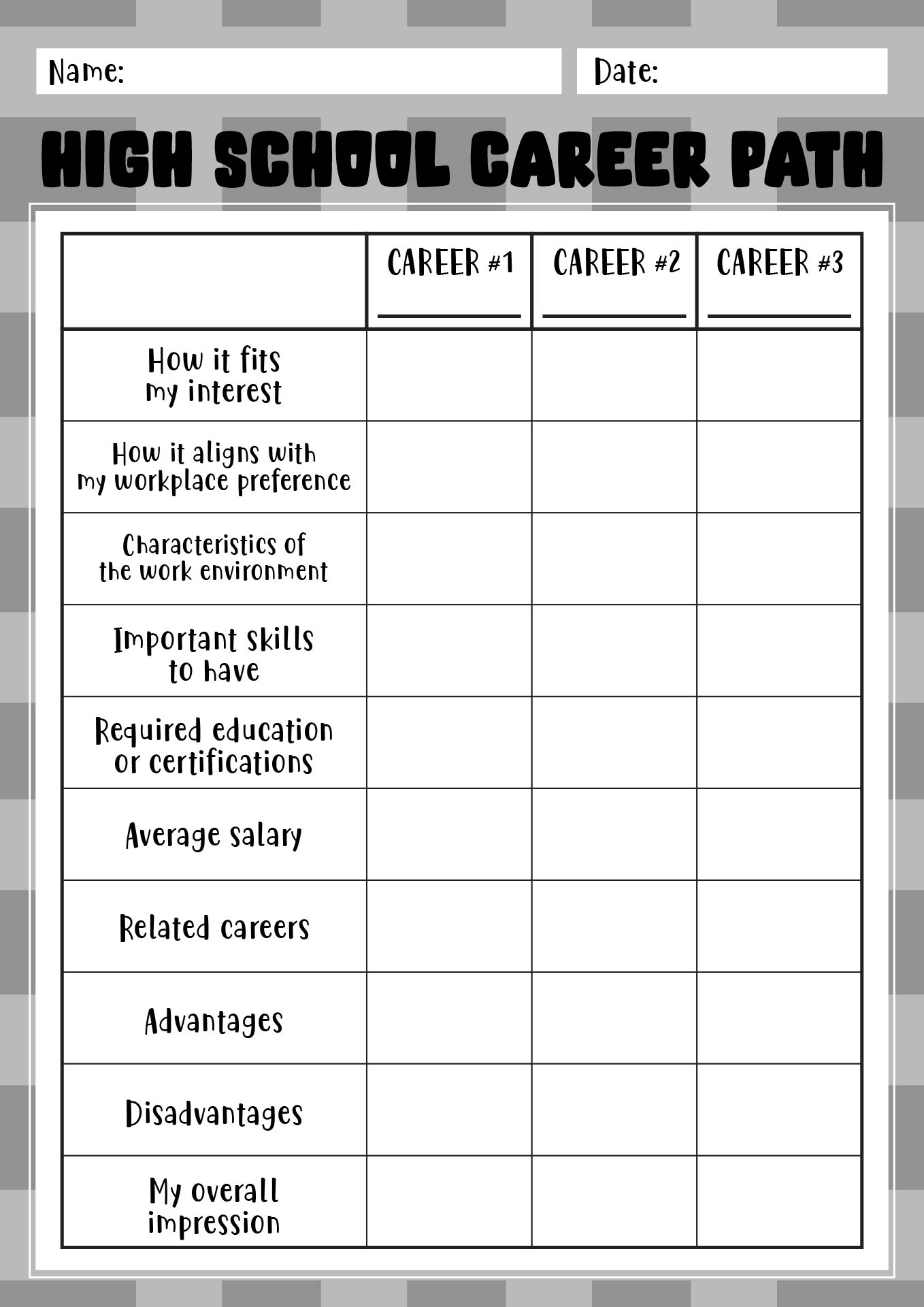 High School Career Path Worksheet