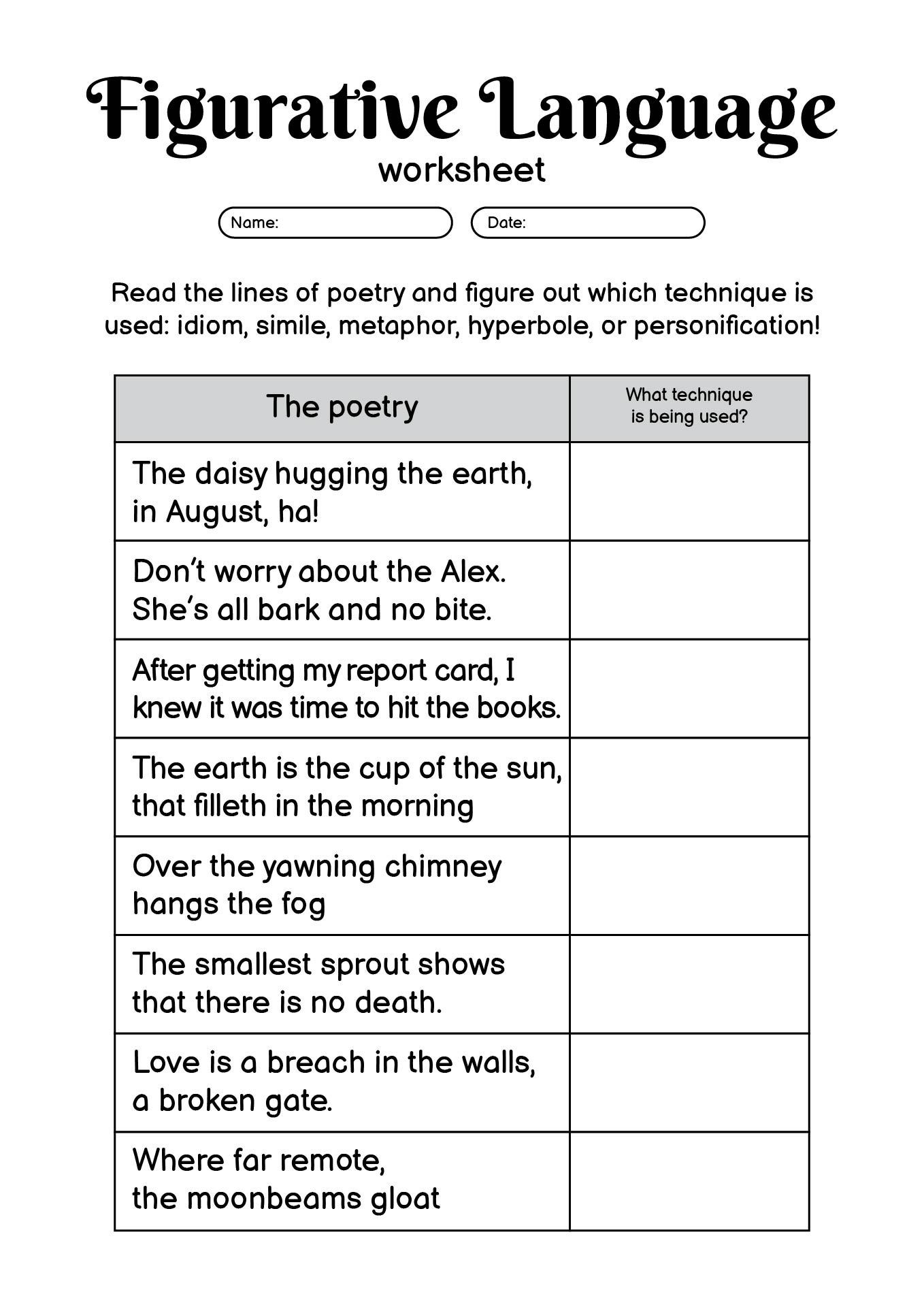 High School Figurative Language Exercise Sheets