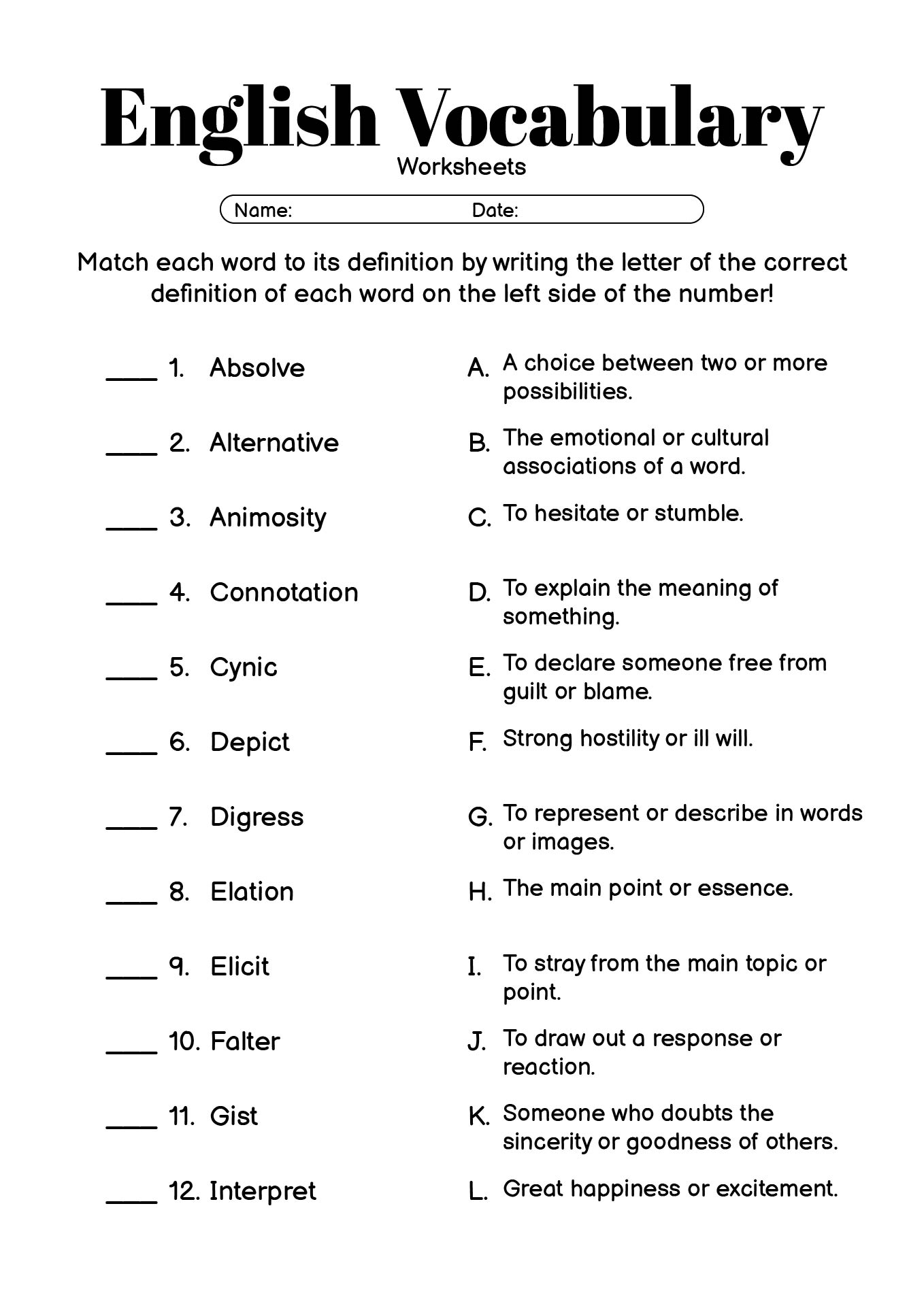 High School Freshman English Vocabulary Worksheets