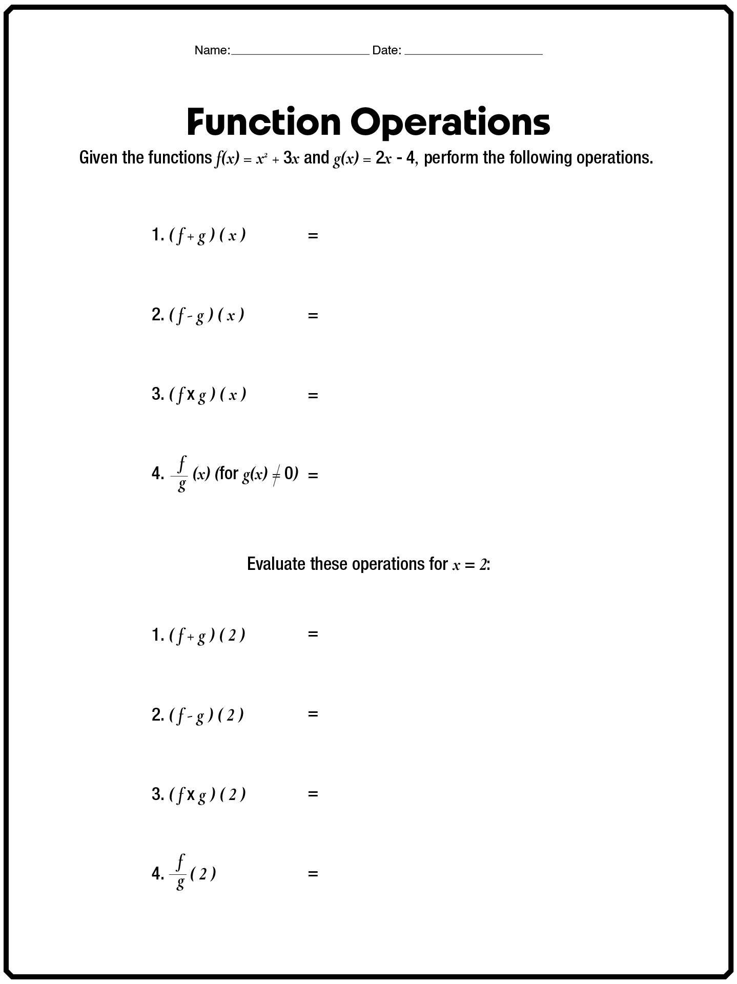 High School Function Notation Algebra Practice Sheets