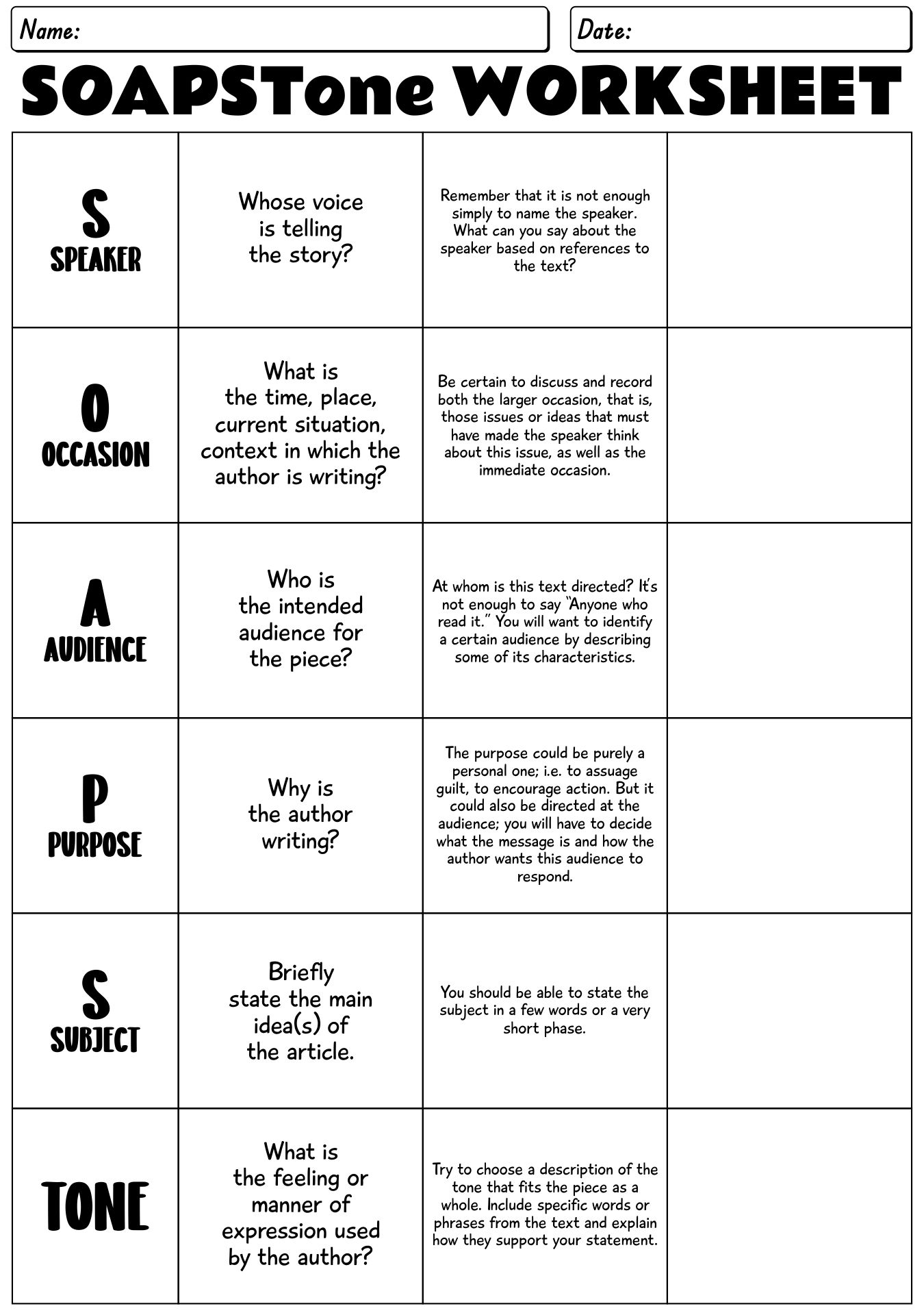 High School Soapstone Analysis Worksheet