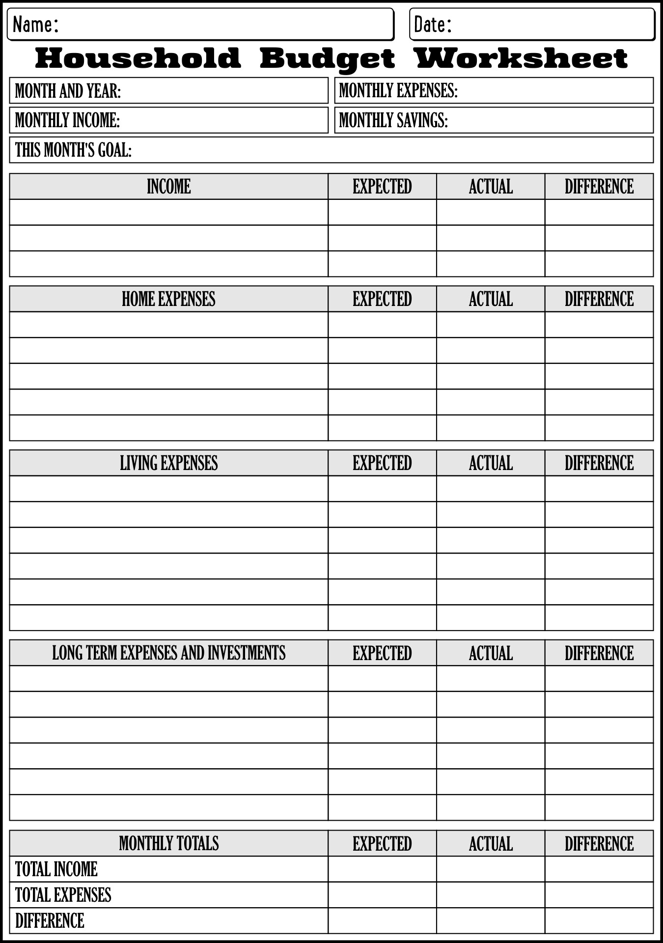 Household Income and Expense Calculation Worksheet