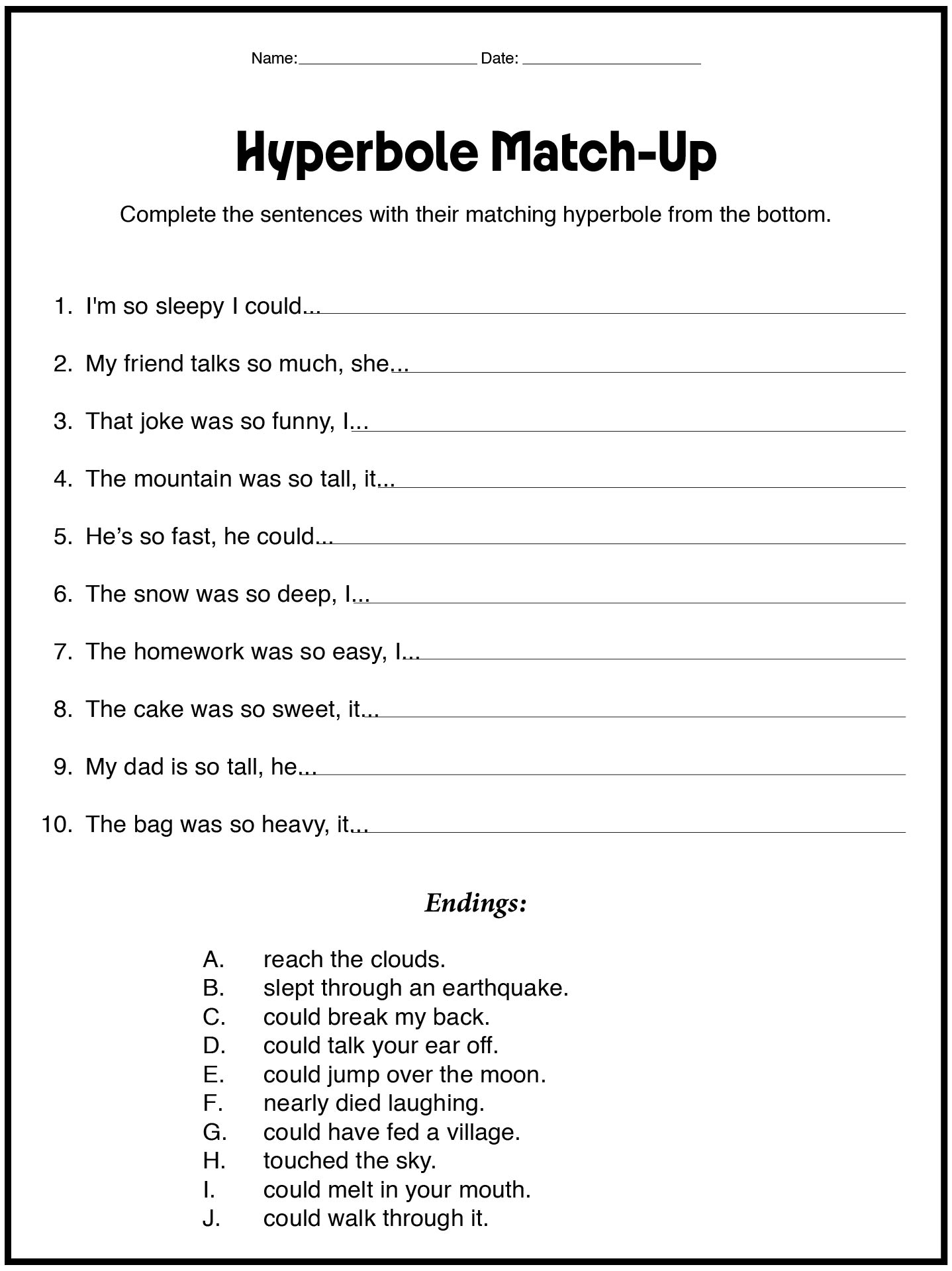 Hyperbole Worksheets Printable Version