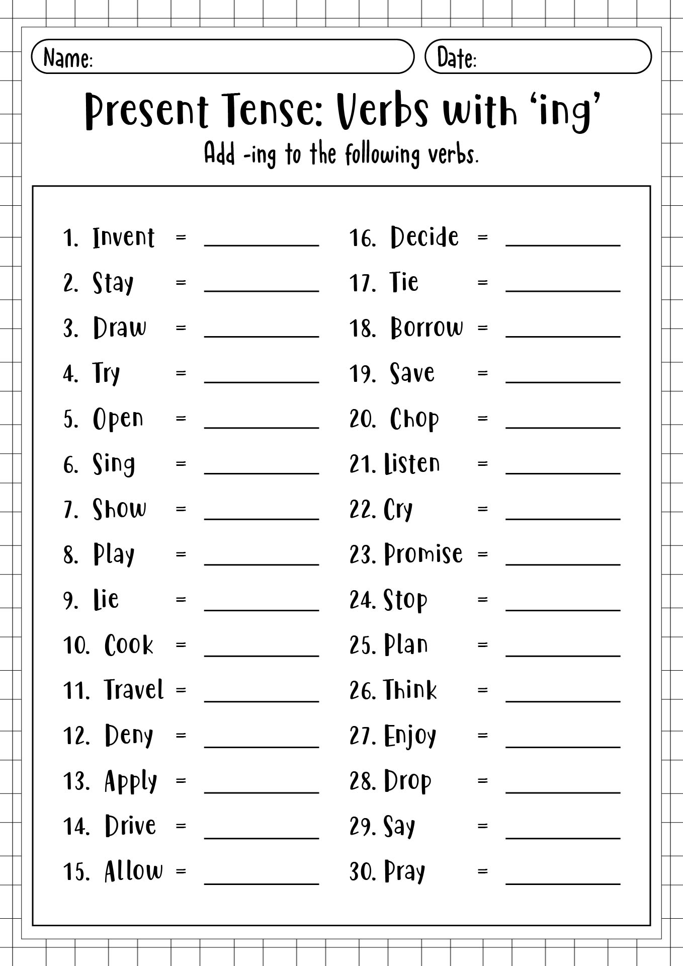 ING Verb Exercise Sheets