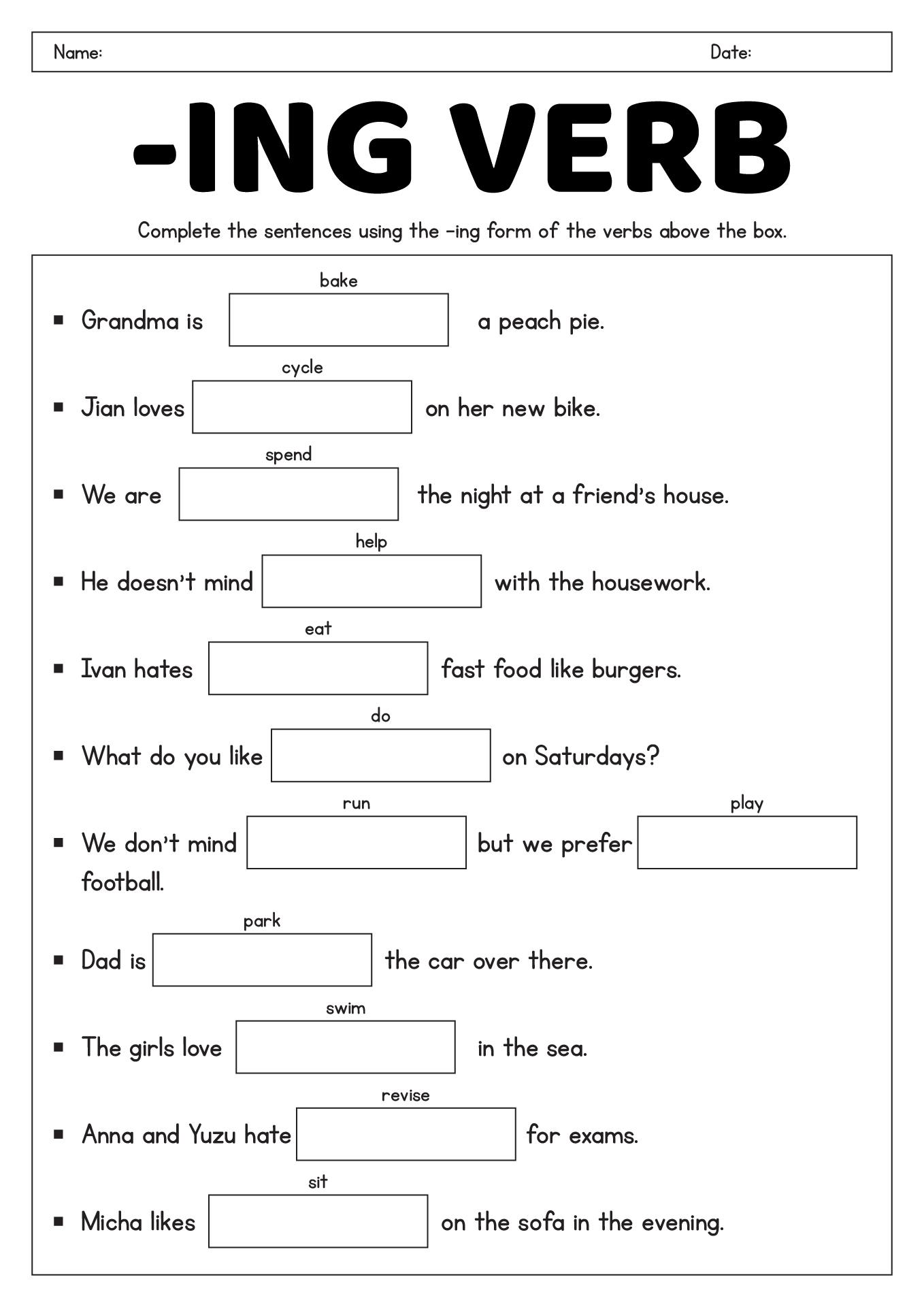 Interactive ING Verb Worksheets For English Learners