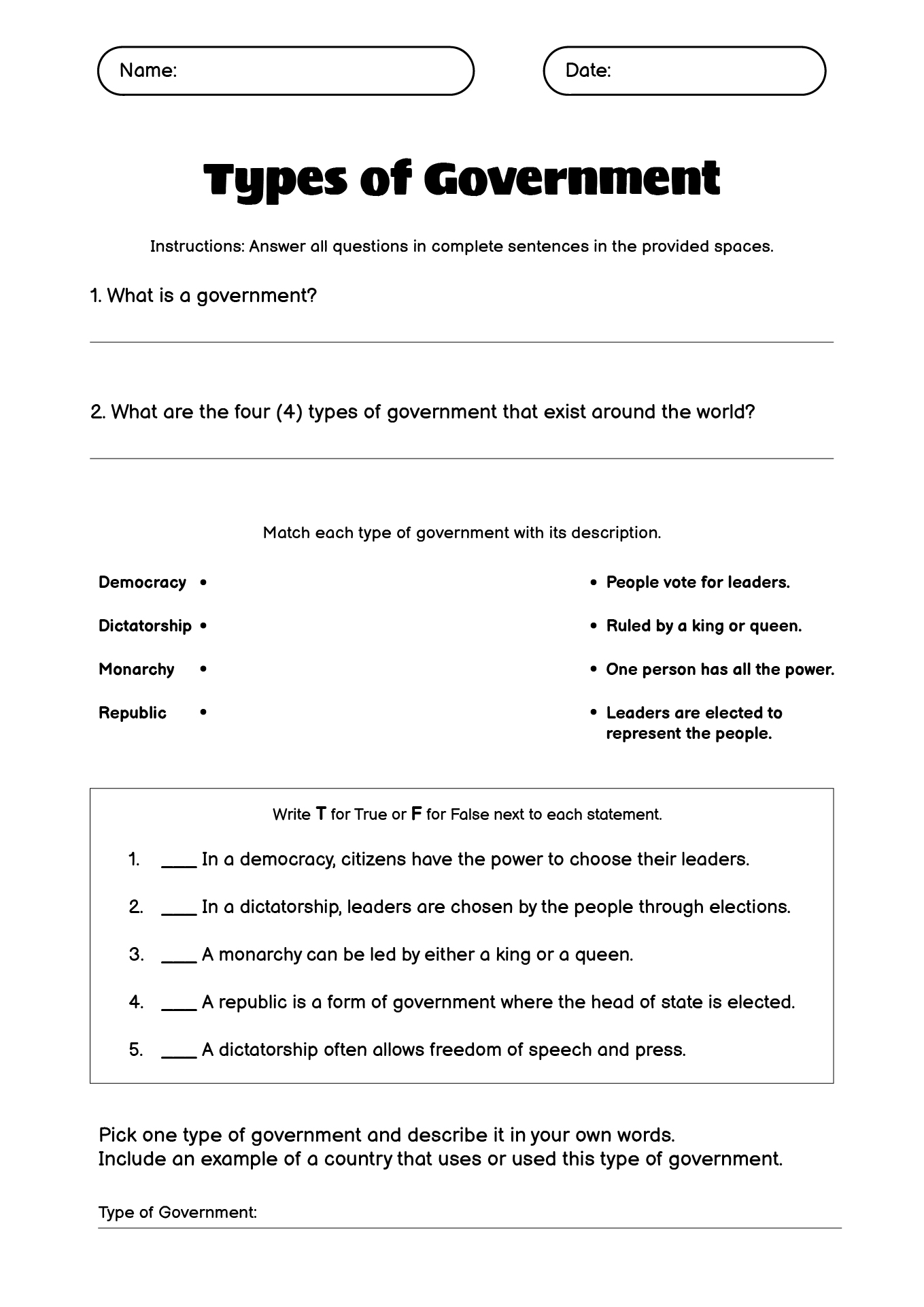 Interactive Types of Government Practice Worksheet