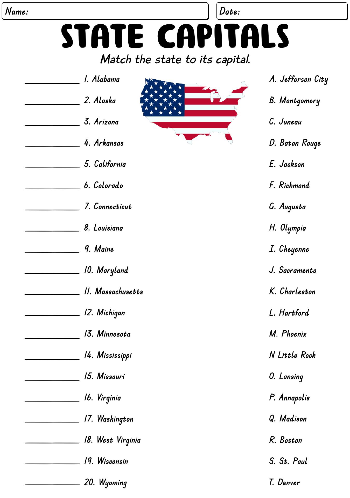 Interactive US States and Capitals Practice Worksheets