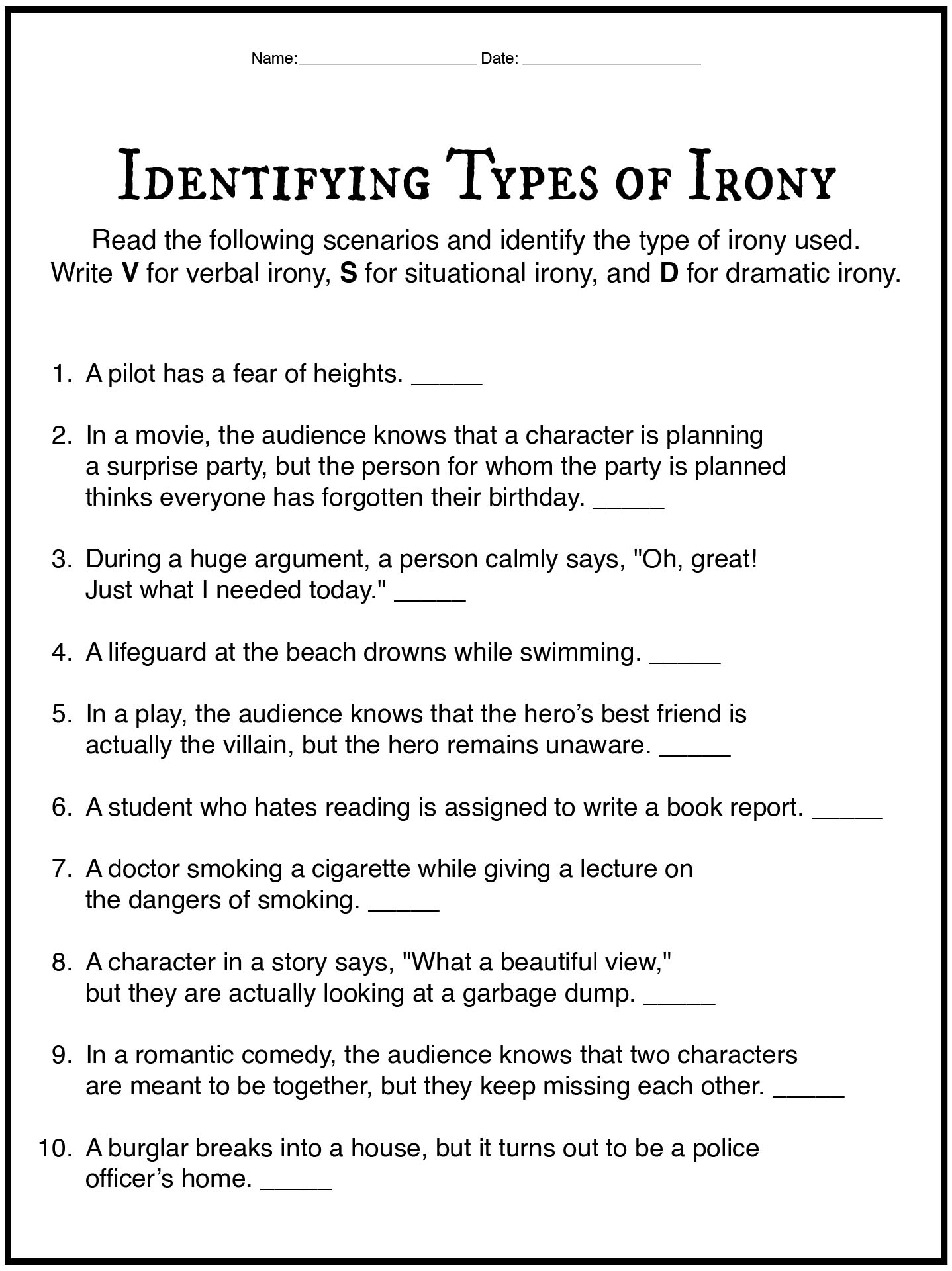 Irony Printable Worksheets for High School