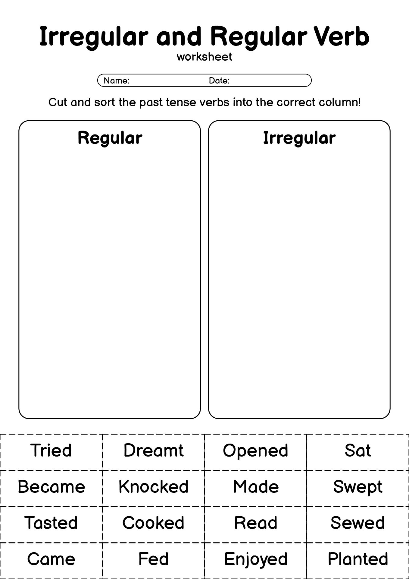 Irregular and Regular Verb Matching Cut and Paste