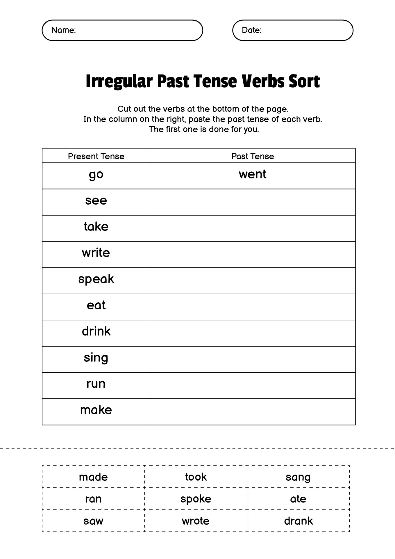 Irregular Past Tense Verbs Cut and Sorting Worksheet