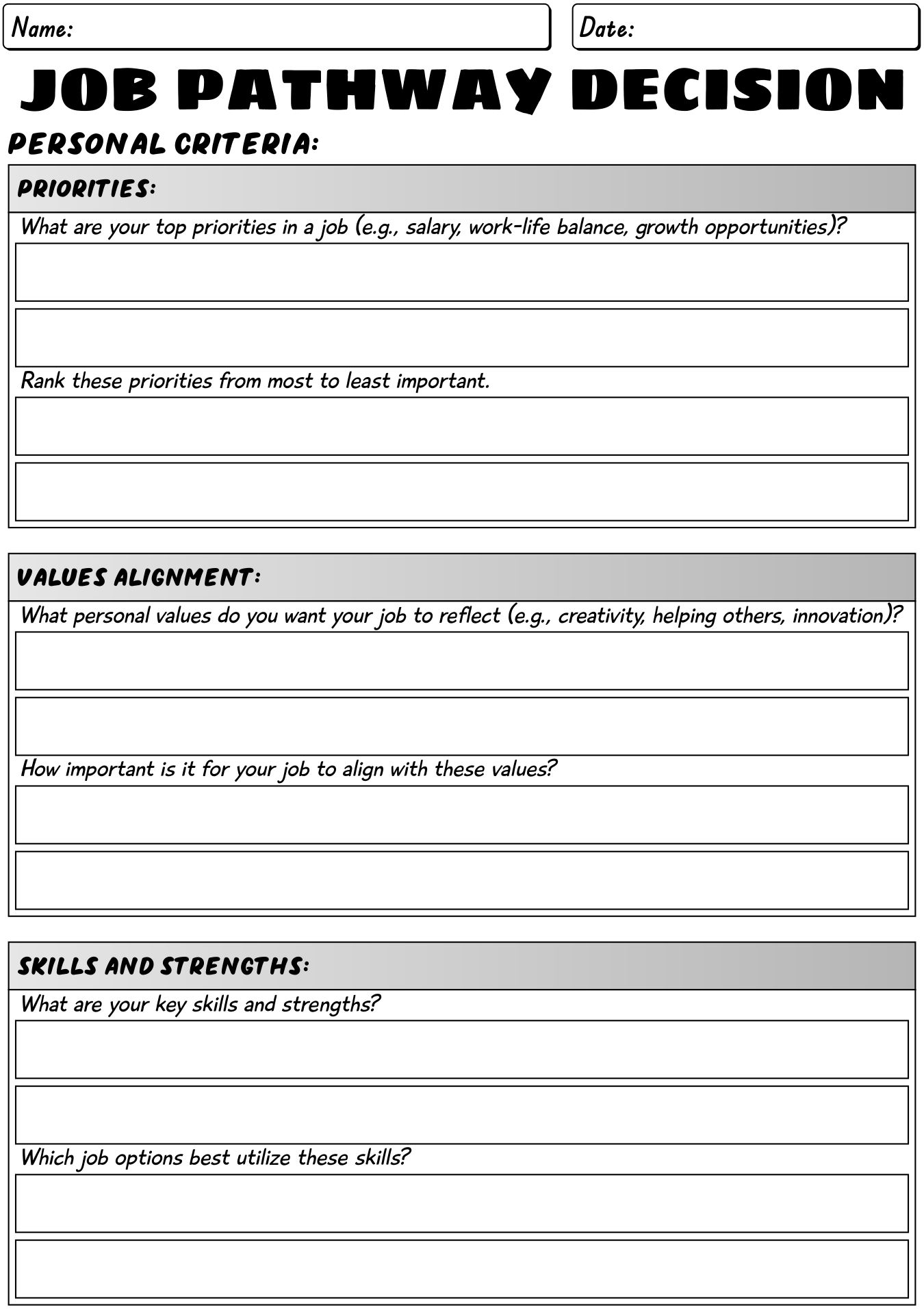 Job Pathway Decision Worksheets