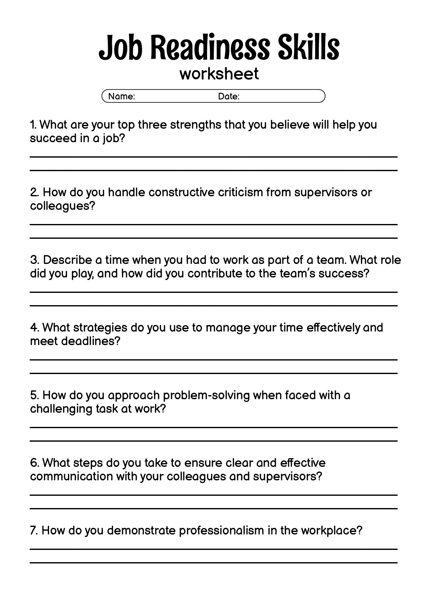 Job Readiness Skills Activities