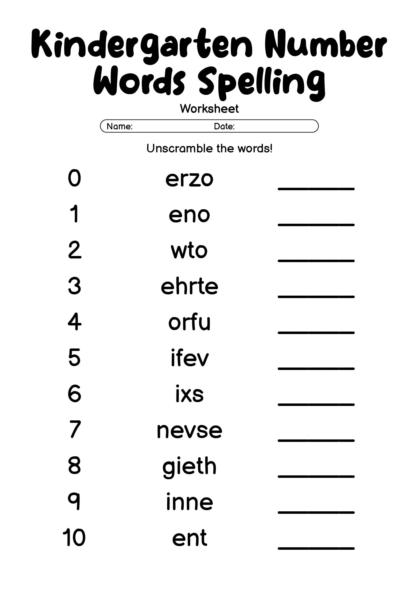 Kindergarten Number Words Spelling Worksheets