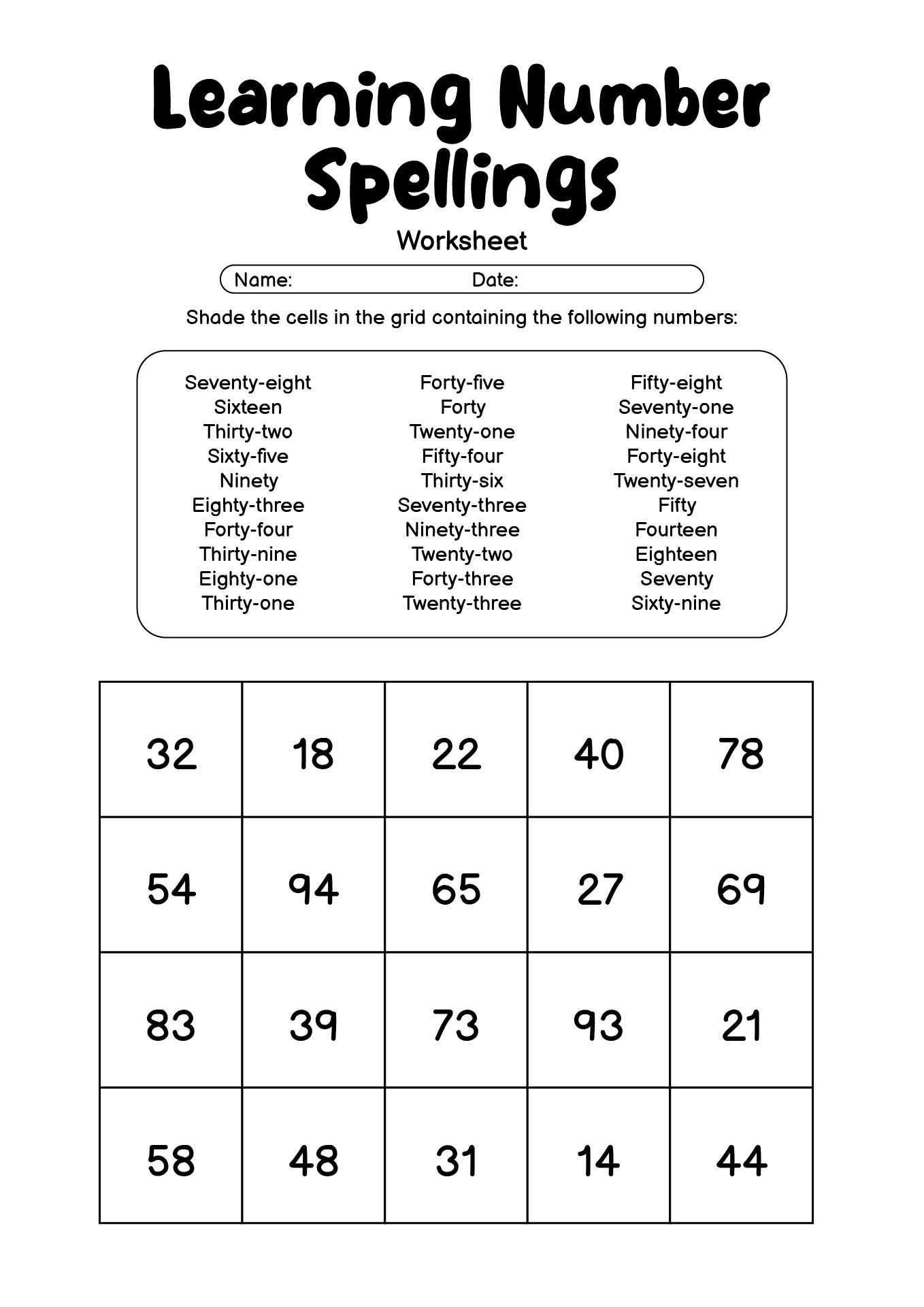 Learning Number Spellings 1-100 Activity Sheets