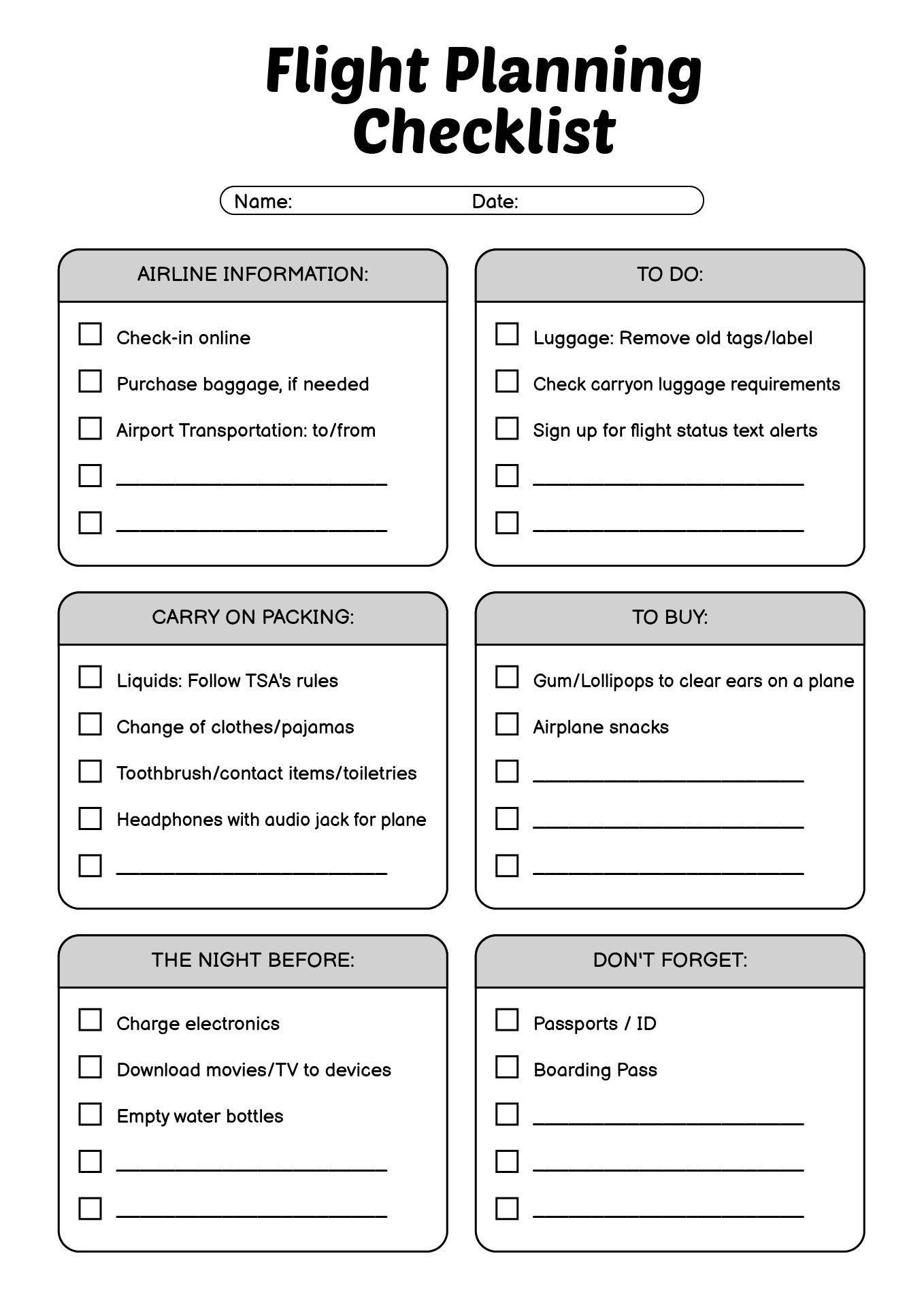 Long Distance Flight Planning Checklist