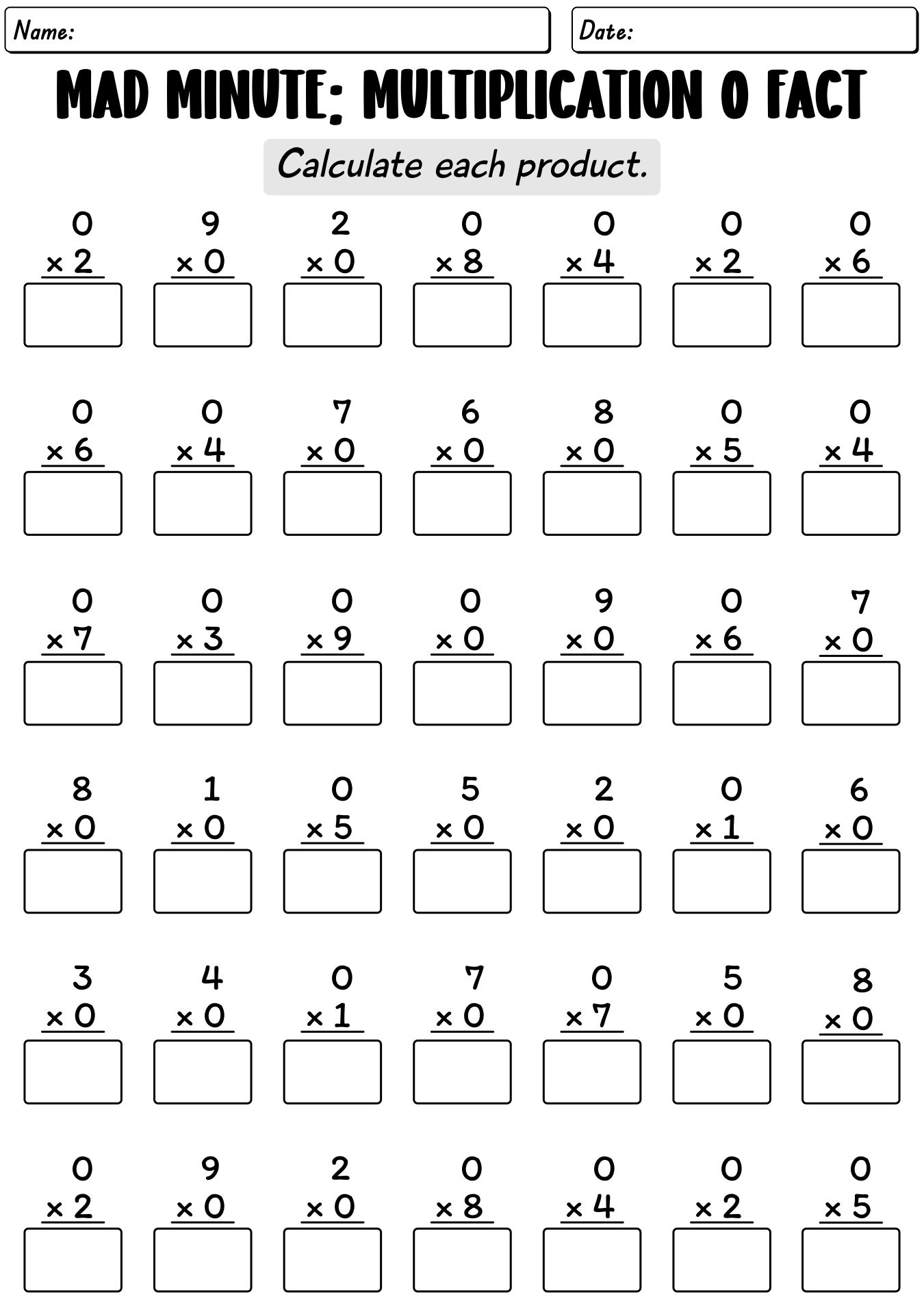 Mad Minute 0 Multiplication Facts Practice