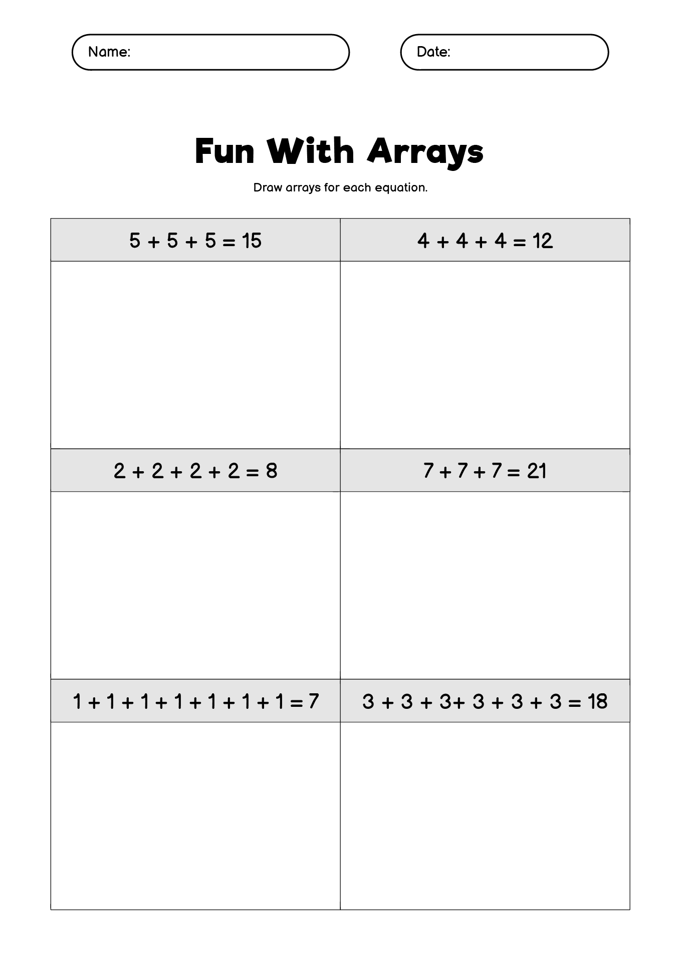 Math Worksheets on Repeated Addition Arrays for 2nd Graders