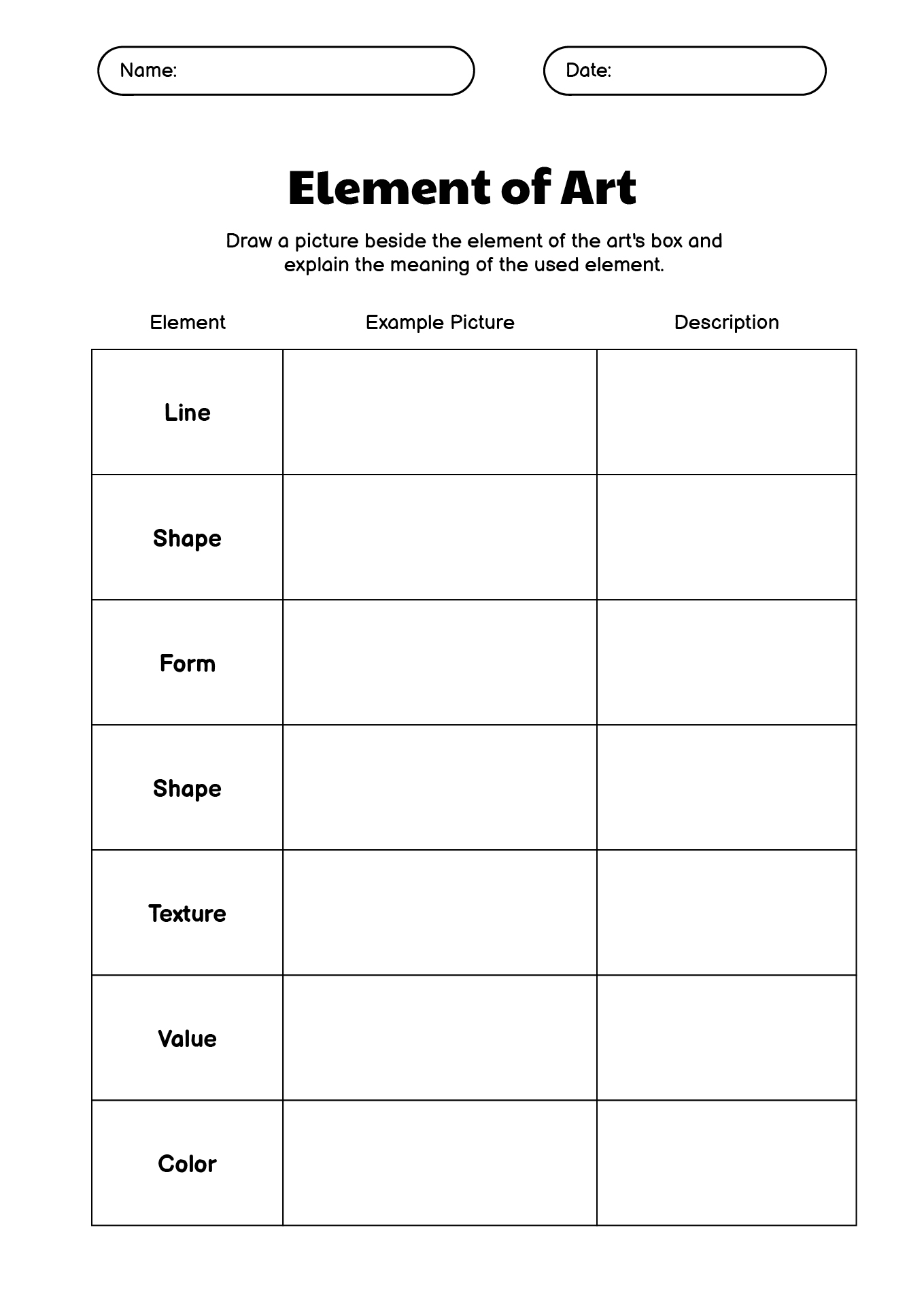 Middle School Elements of Art Activity Worksheets