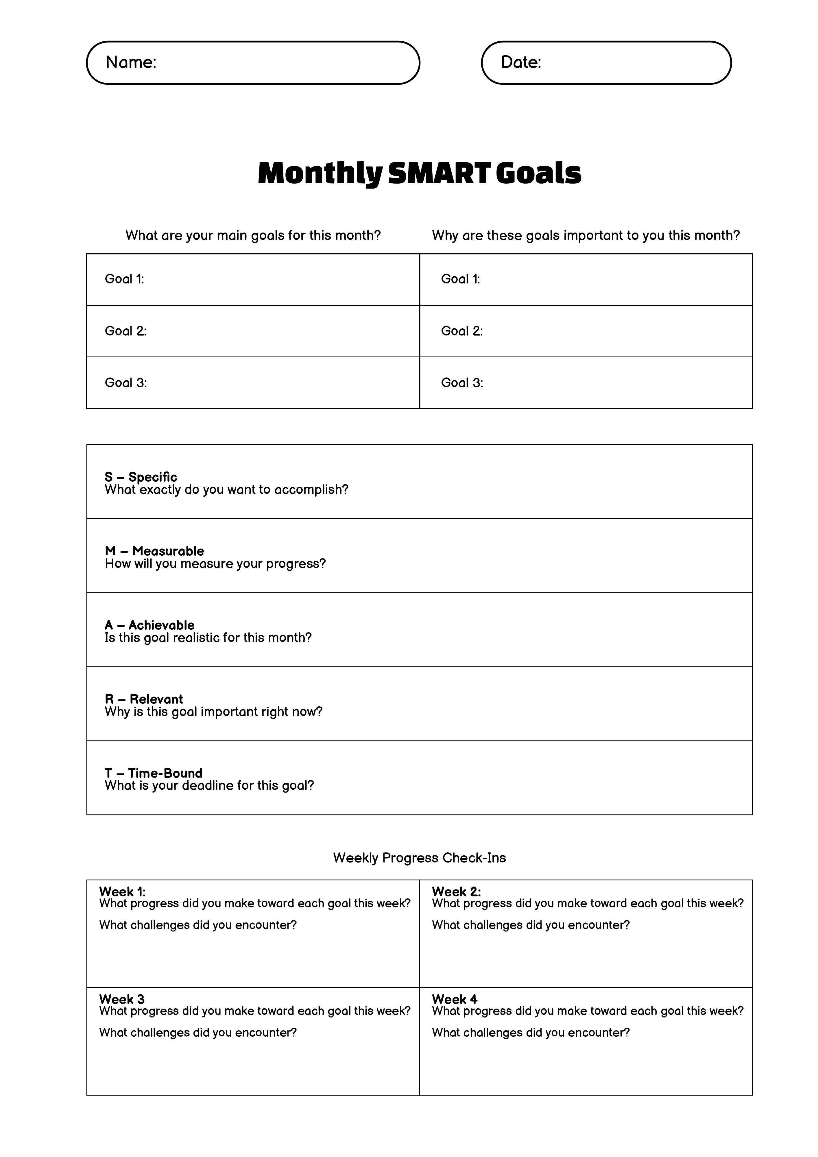 Monthly SMART Goals Tracking Worksheet