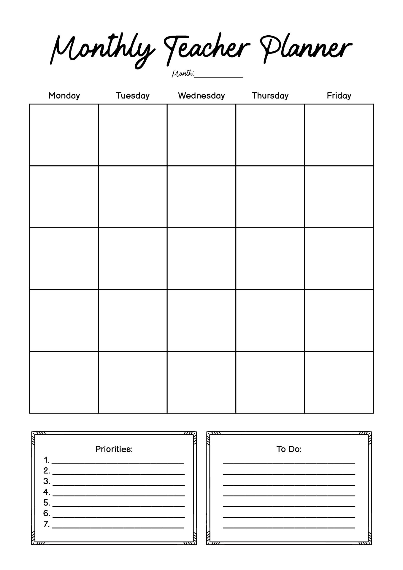 Monthly Teacher Planner Sheets Printable