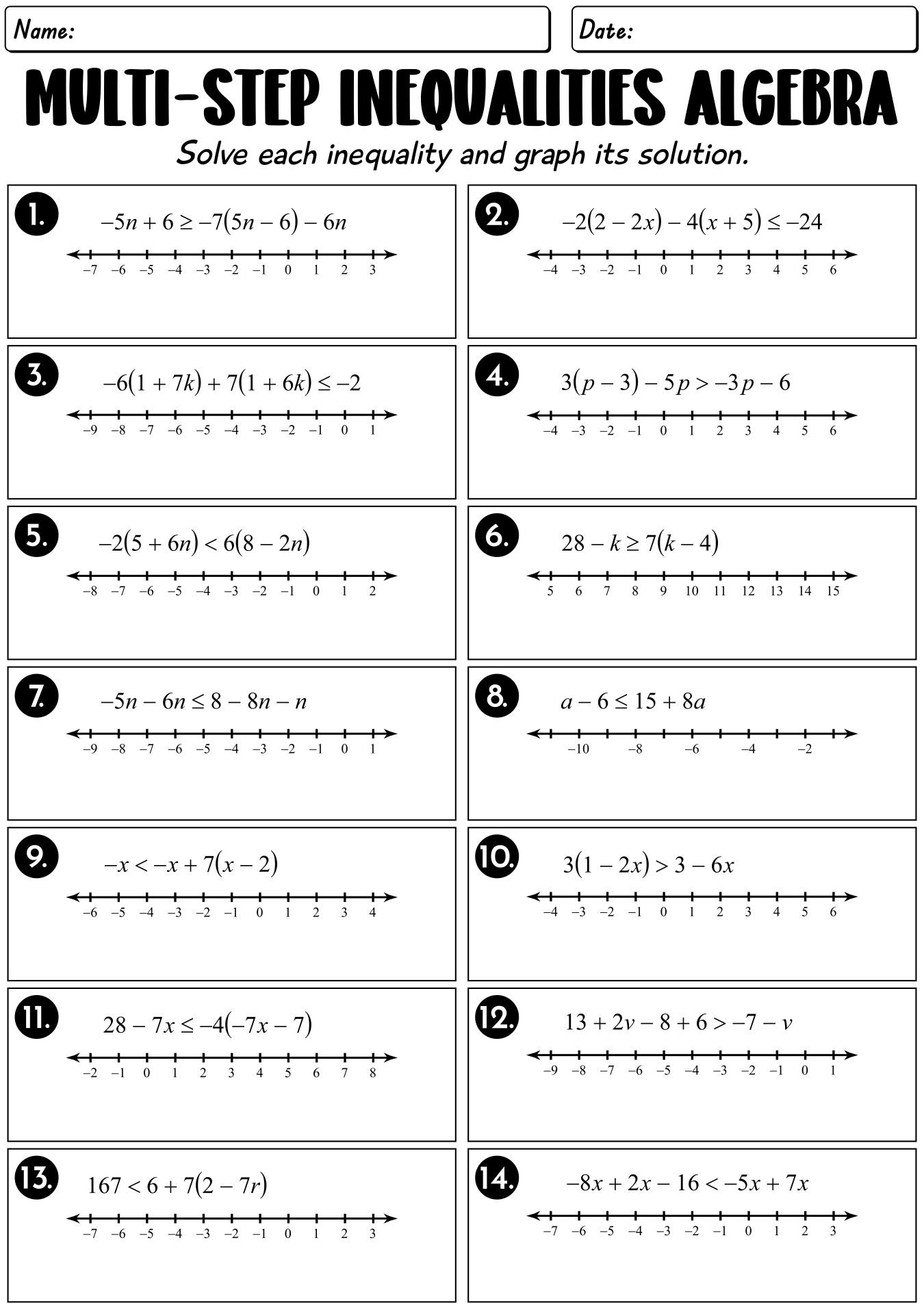 Multi-Step Inequalities Algebra Worksheets