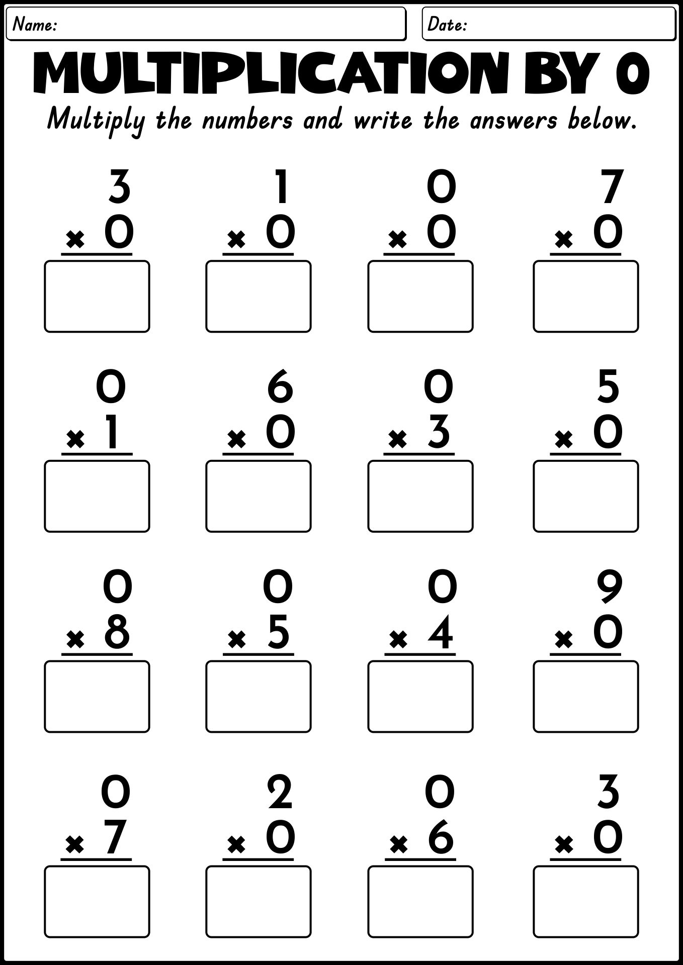 Multiplication 0 Learning Sheets Entry Level