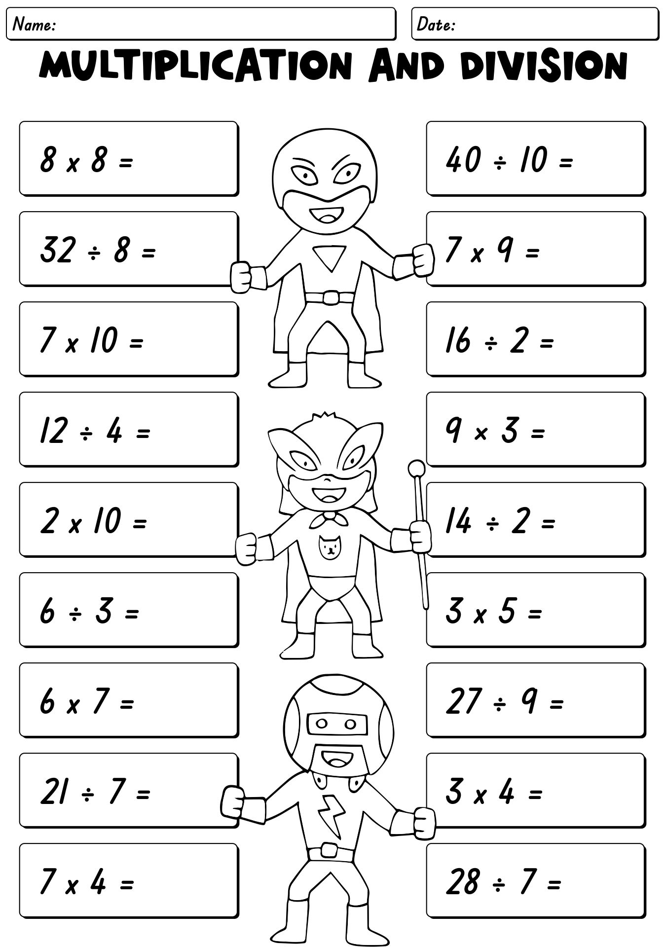 Multiplication And Division Superhero Worksheets