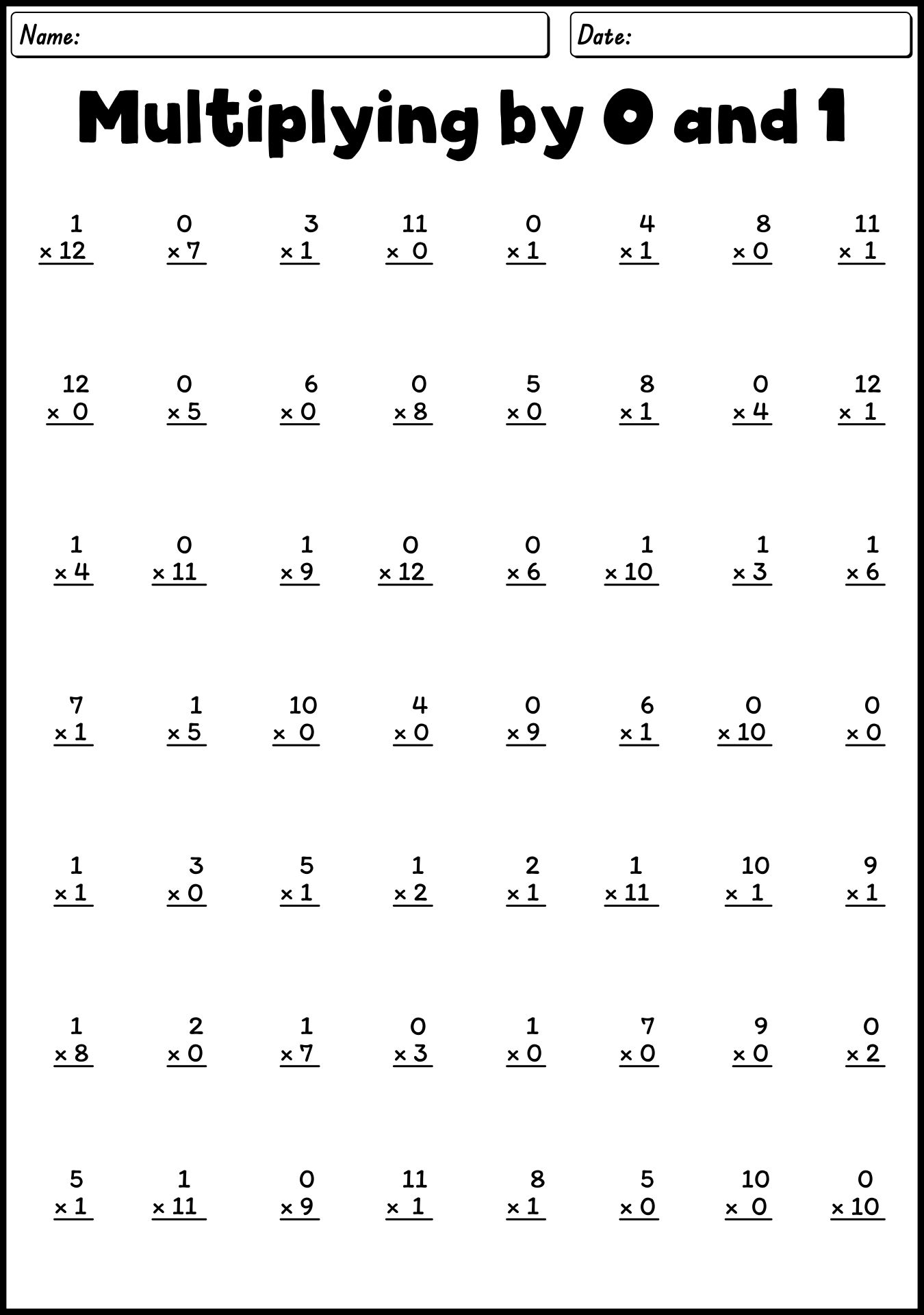 Multiply By 0 And 1 Worksheets