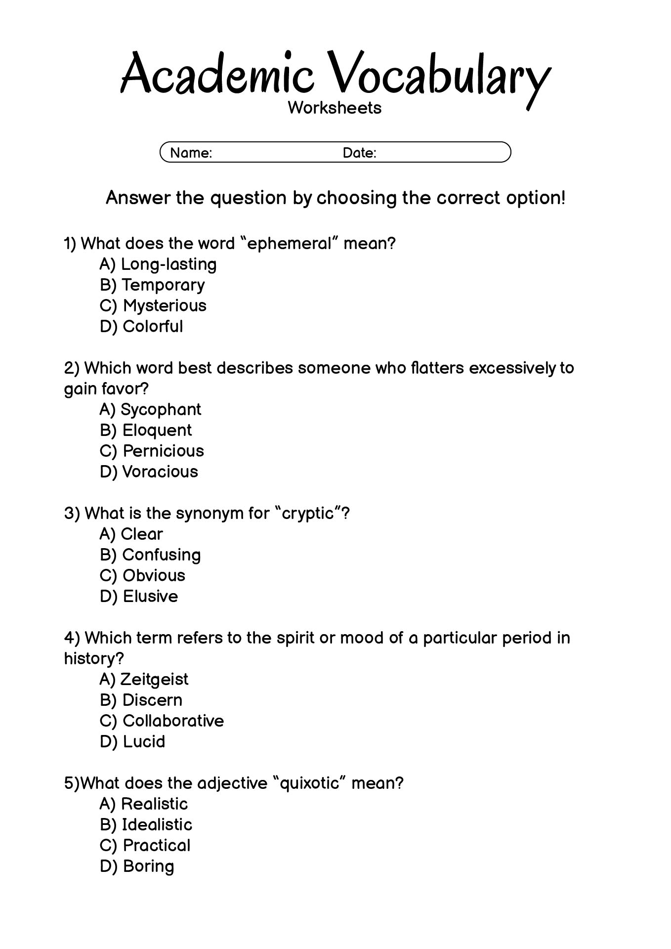 Ninth Grade Academic Vocabulary Drill Sheets