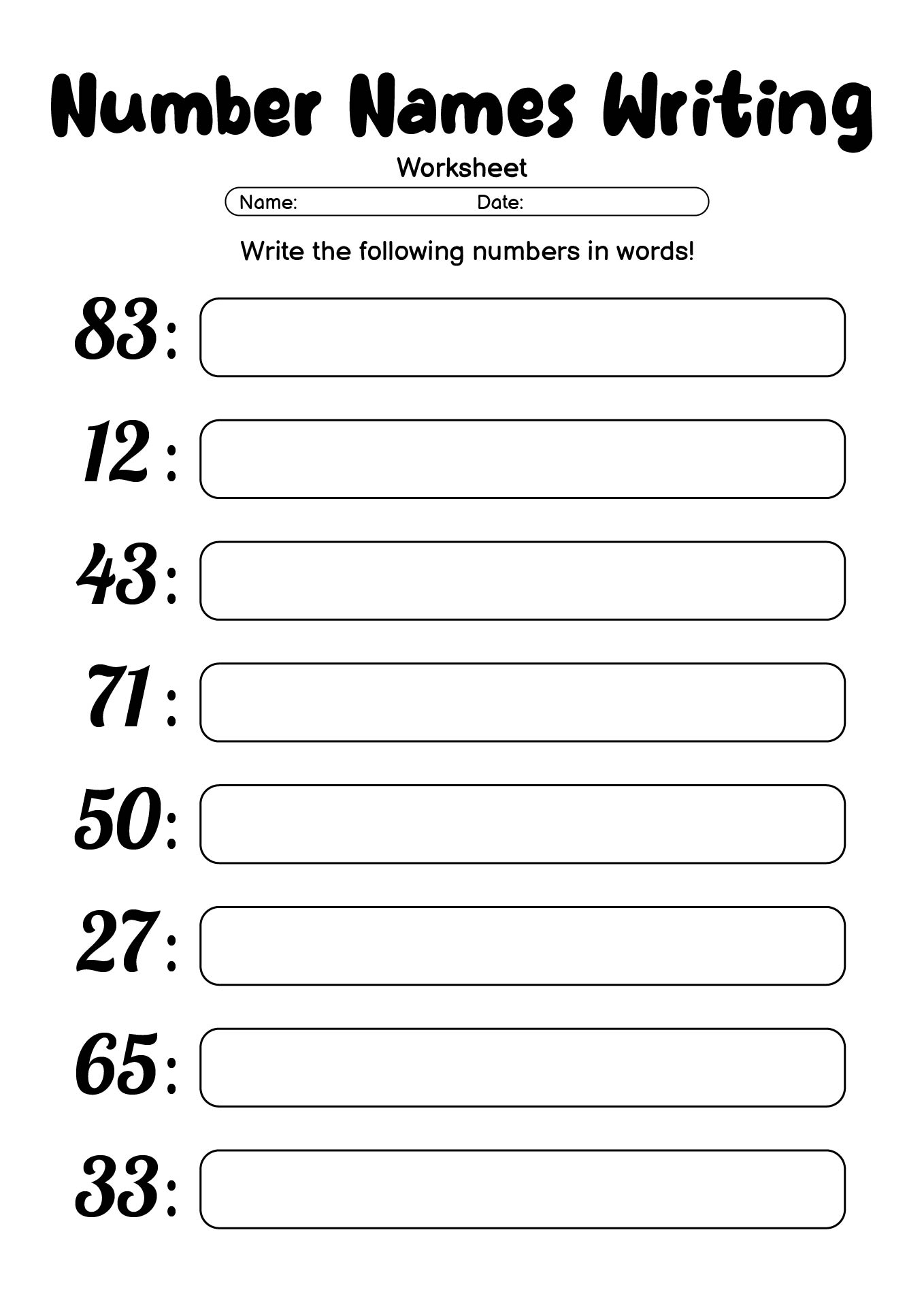 Number Names 1 to 100 Writing Worksheets