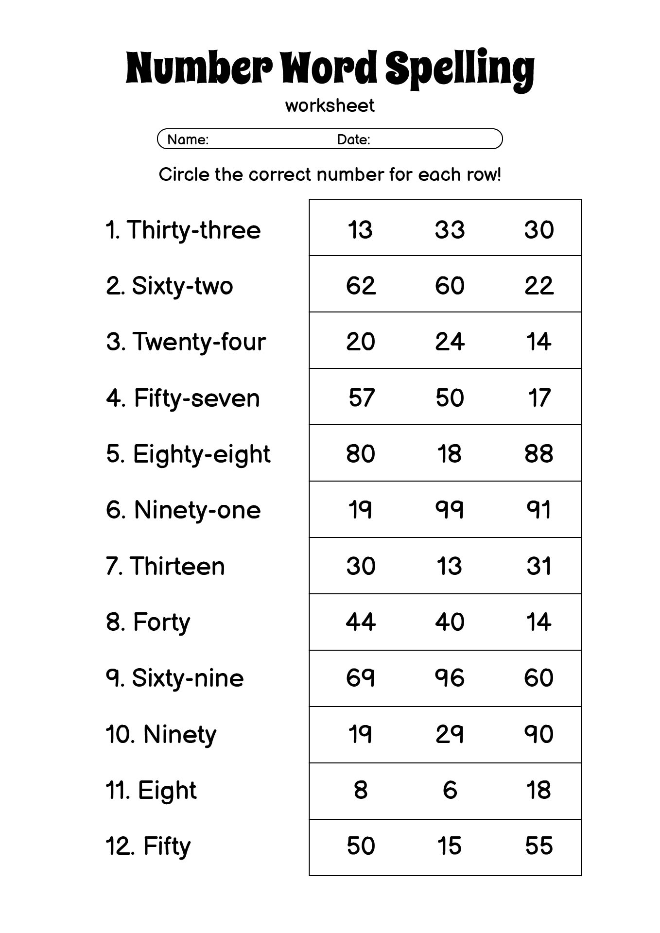 Number Word Spelling Practice Sheets 1-100