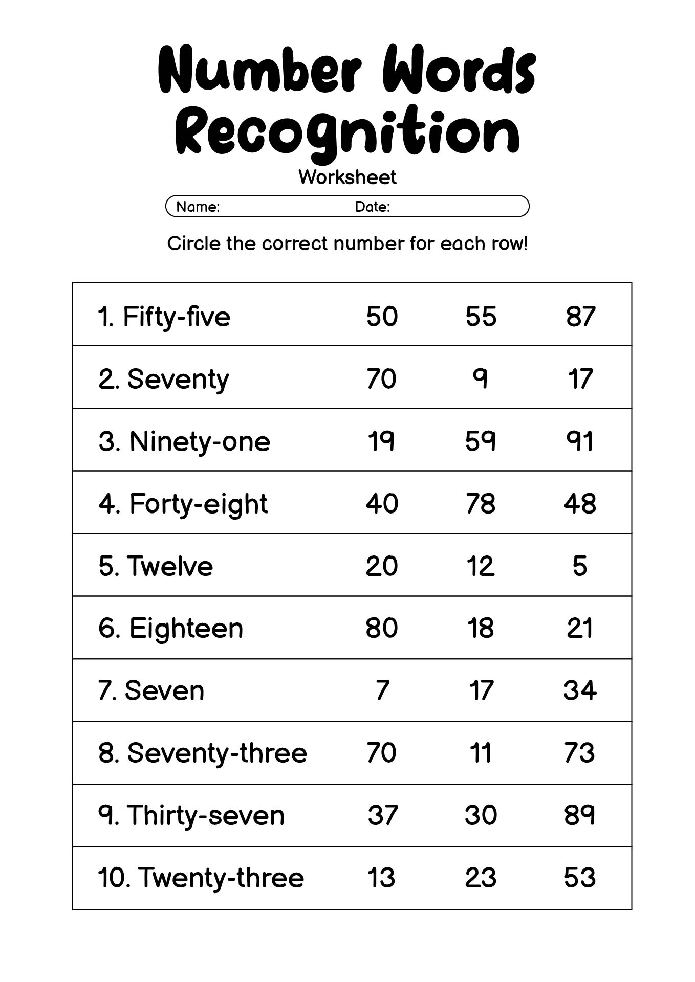 Number Words Recognition Worksheets