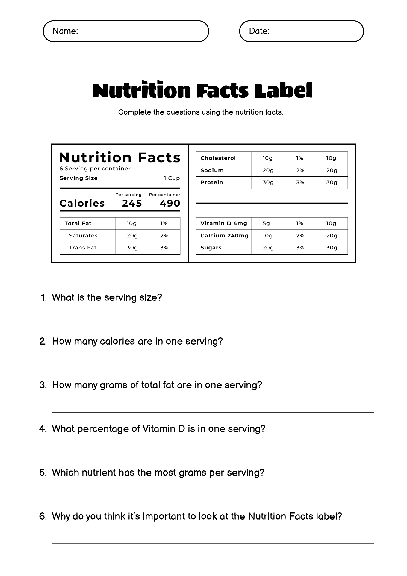 Nutrition Facts Worksheet for Kids