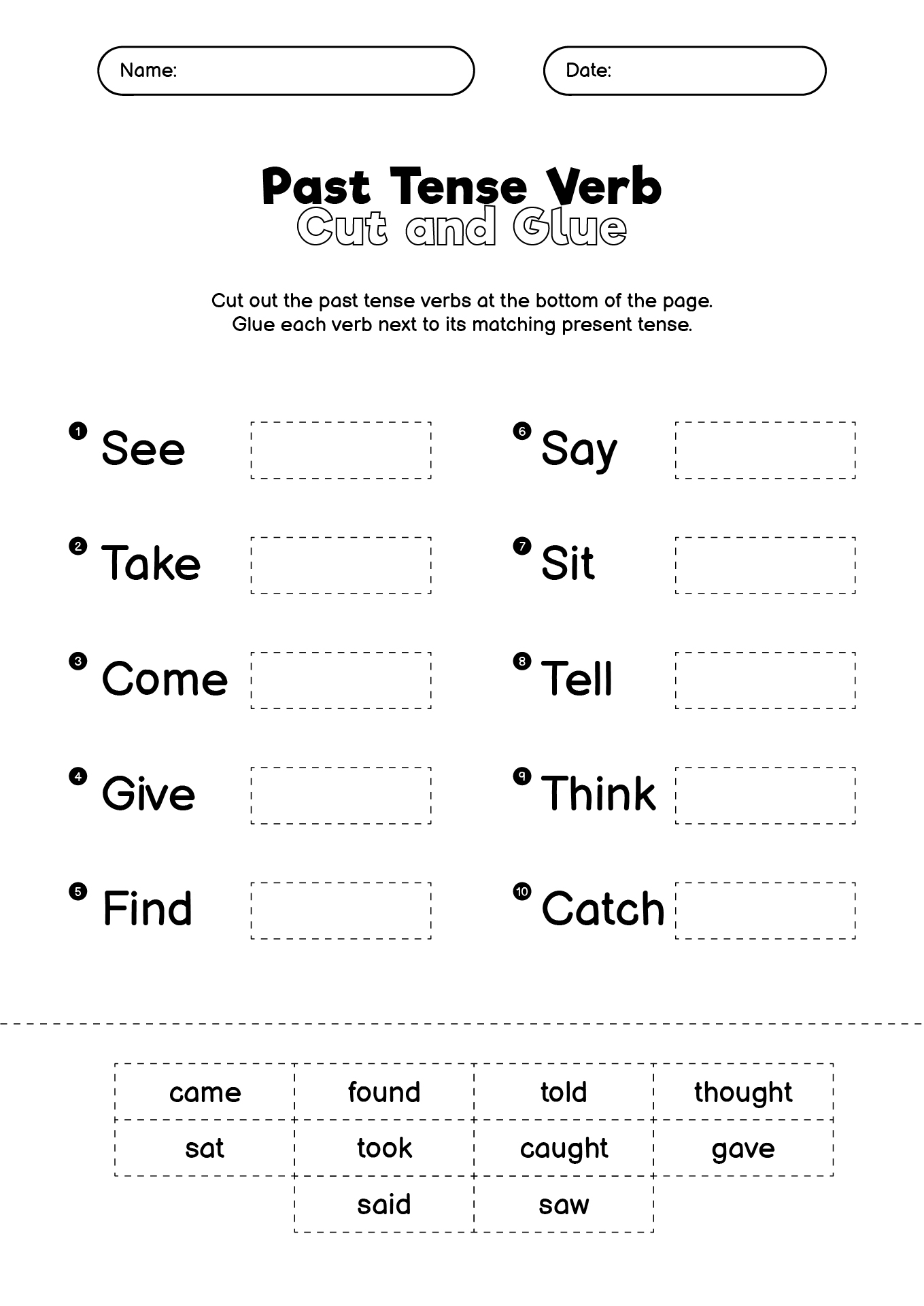 Past Tense Verb Cut and Glue Worksheets for 2nd Grade