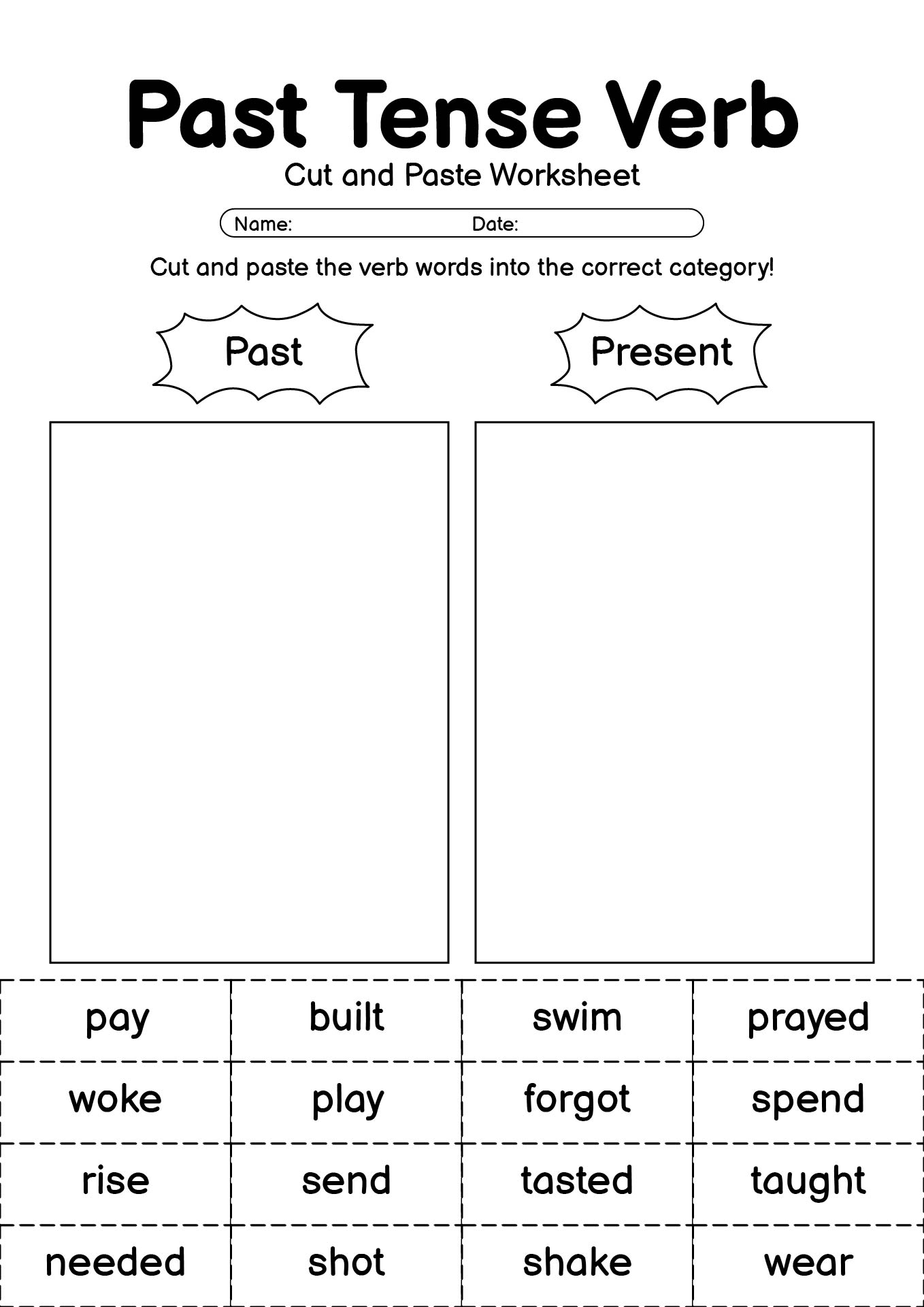 Past Tense Verb Cut and Paste Worksheet Practice