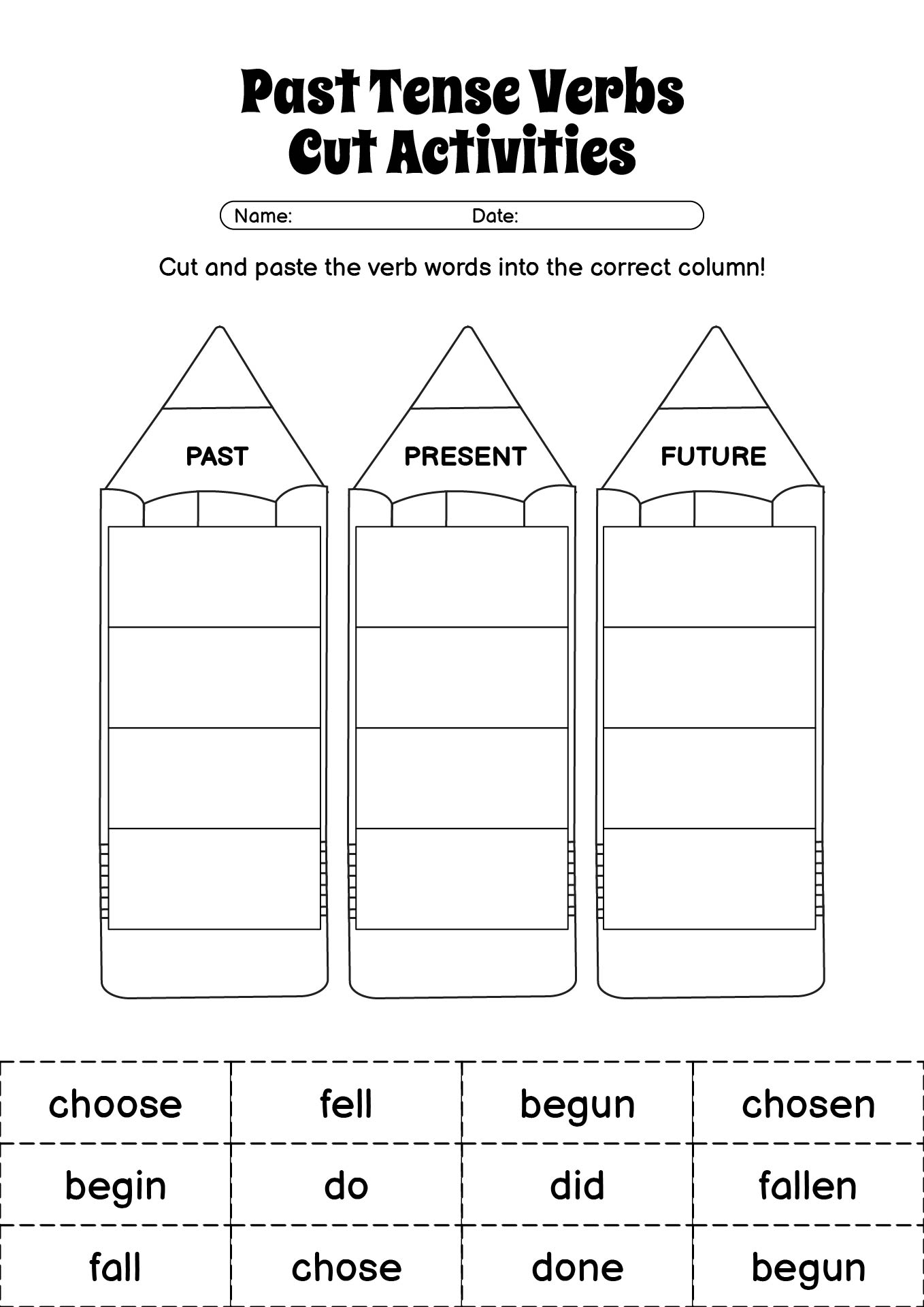 Past Tense Verbs Art and Cut Activities for 2nd Grade Students