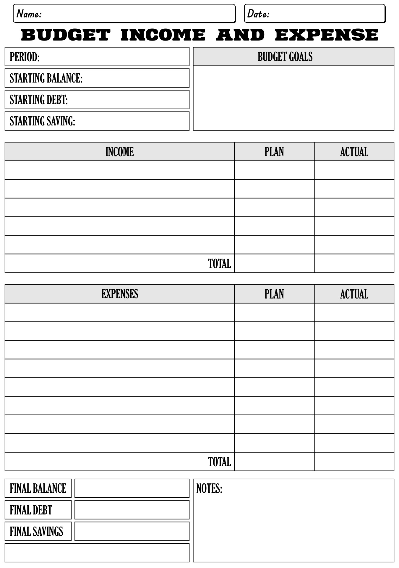 Personal Budget Income and Expense Sheet