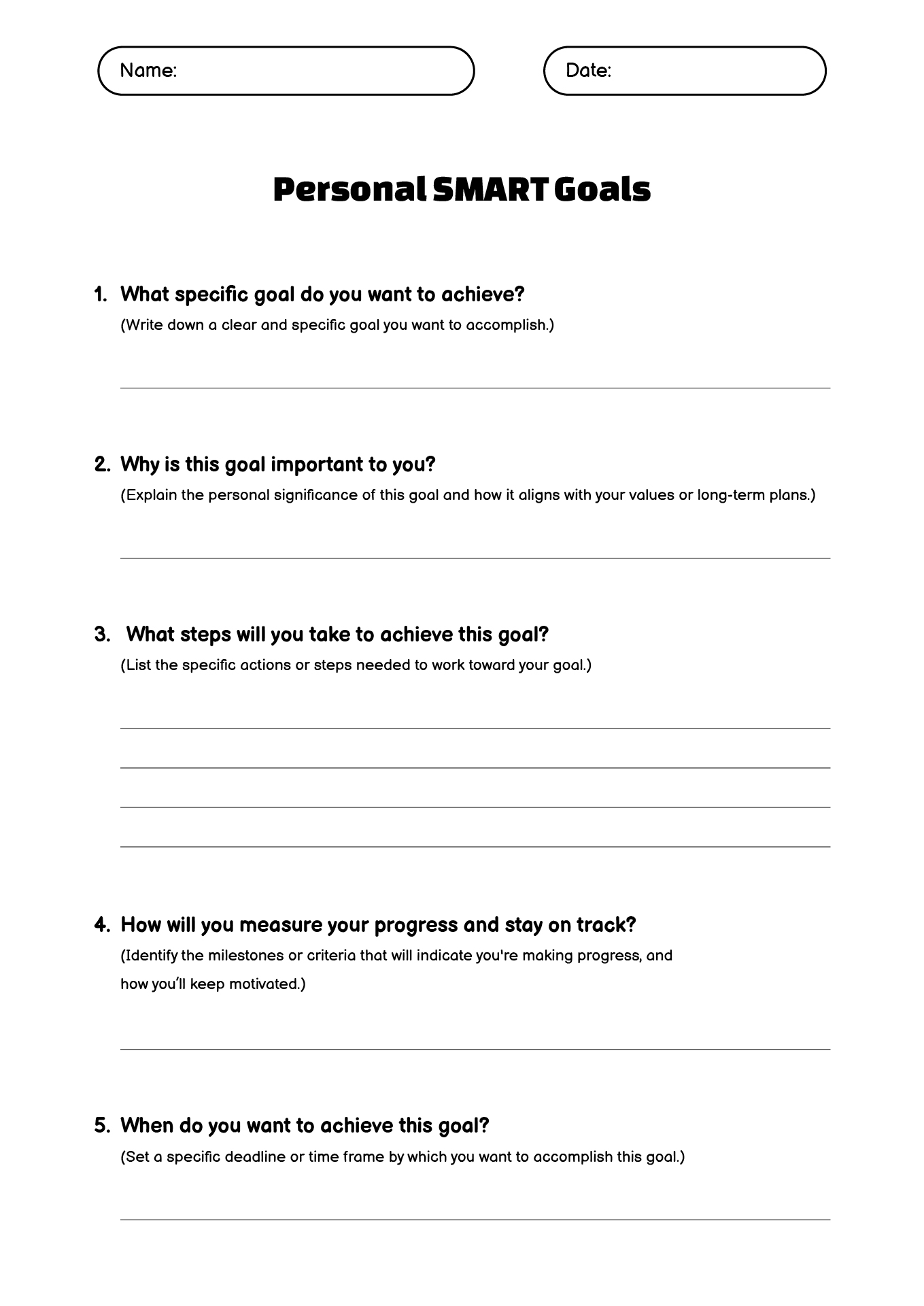 Personal SMART Goals Worksheet Printable