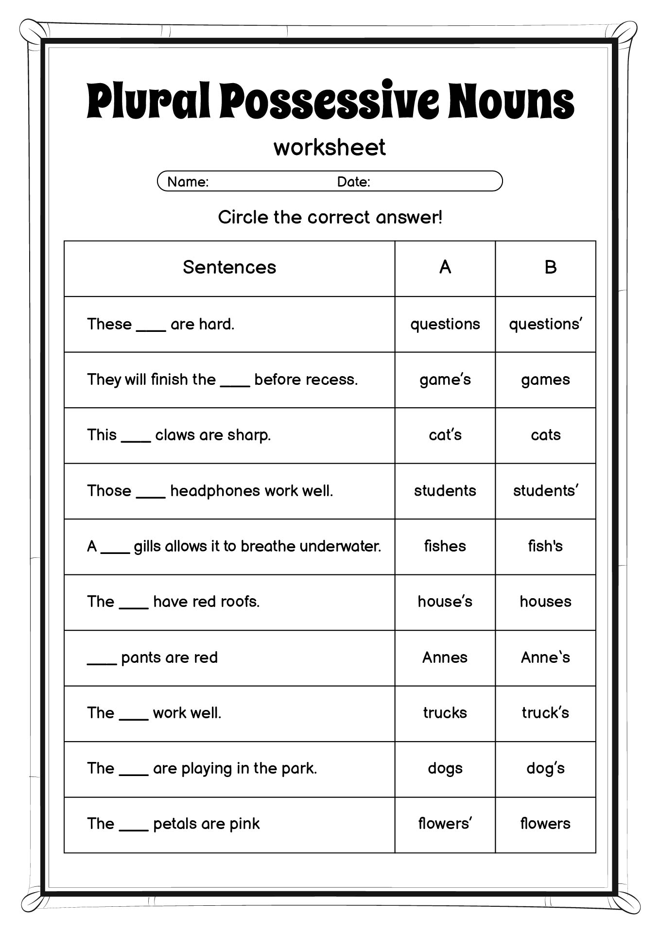 Plural Possessive Nouns Practice Worksheets