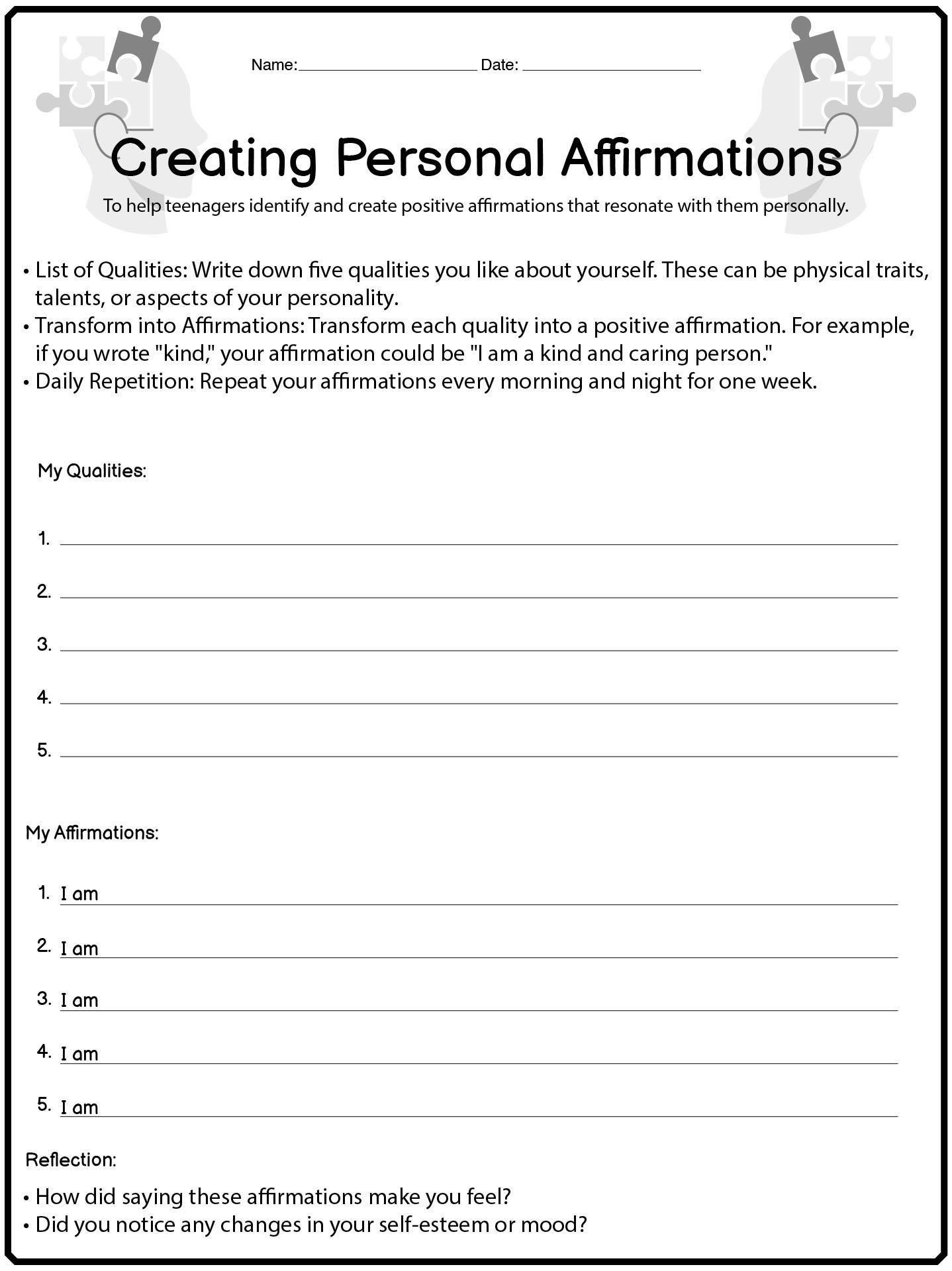 Positive Affirmation Activities for Teenage Self-Esteem